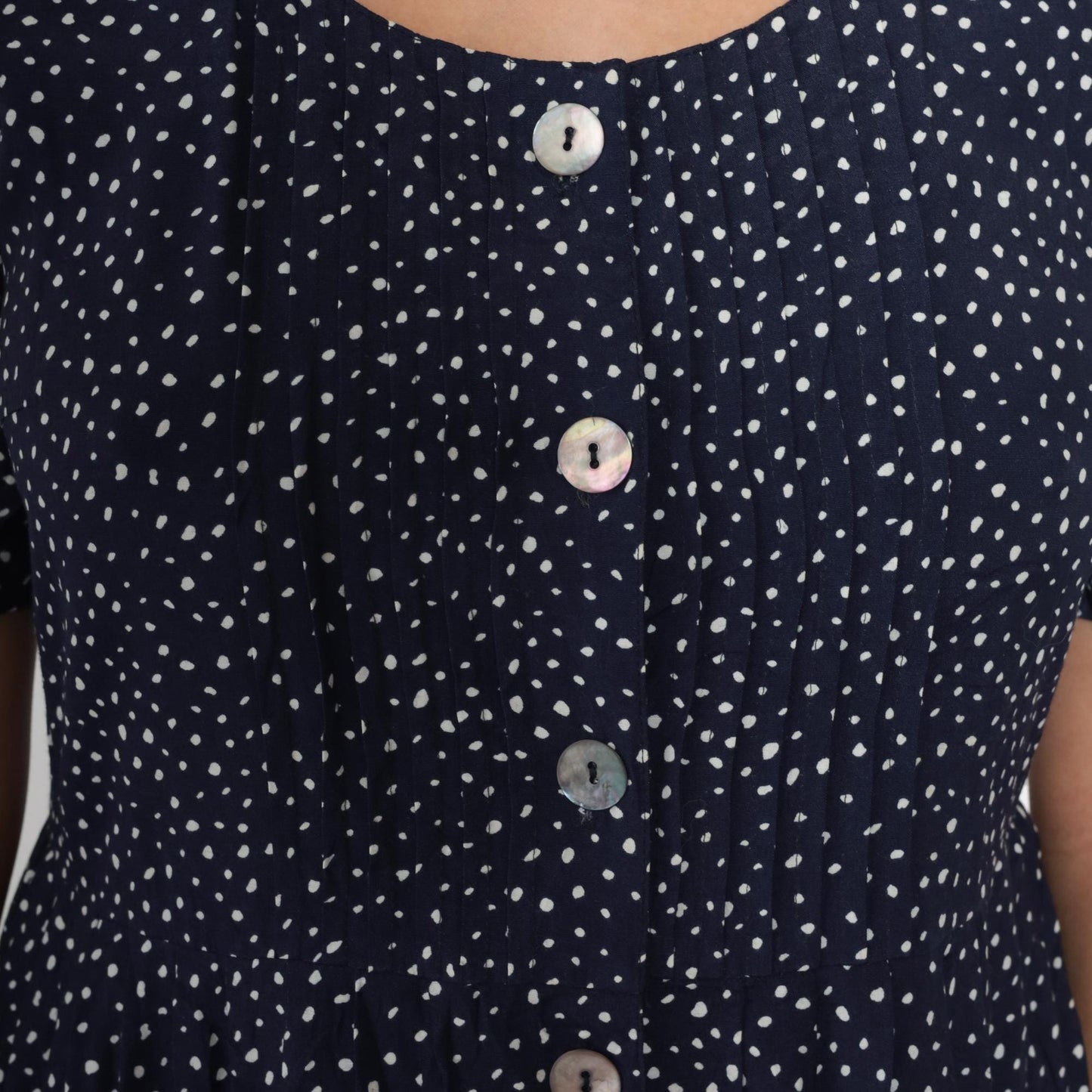 90s Karin Stevens Navy Polka Dot Midi Dress Button Up High Waist Medium 8
