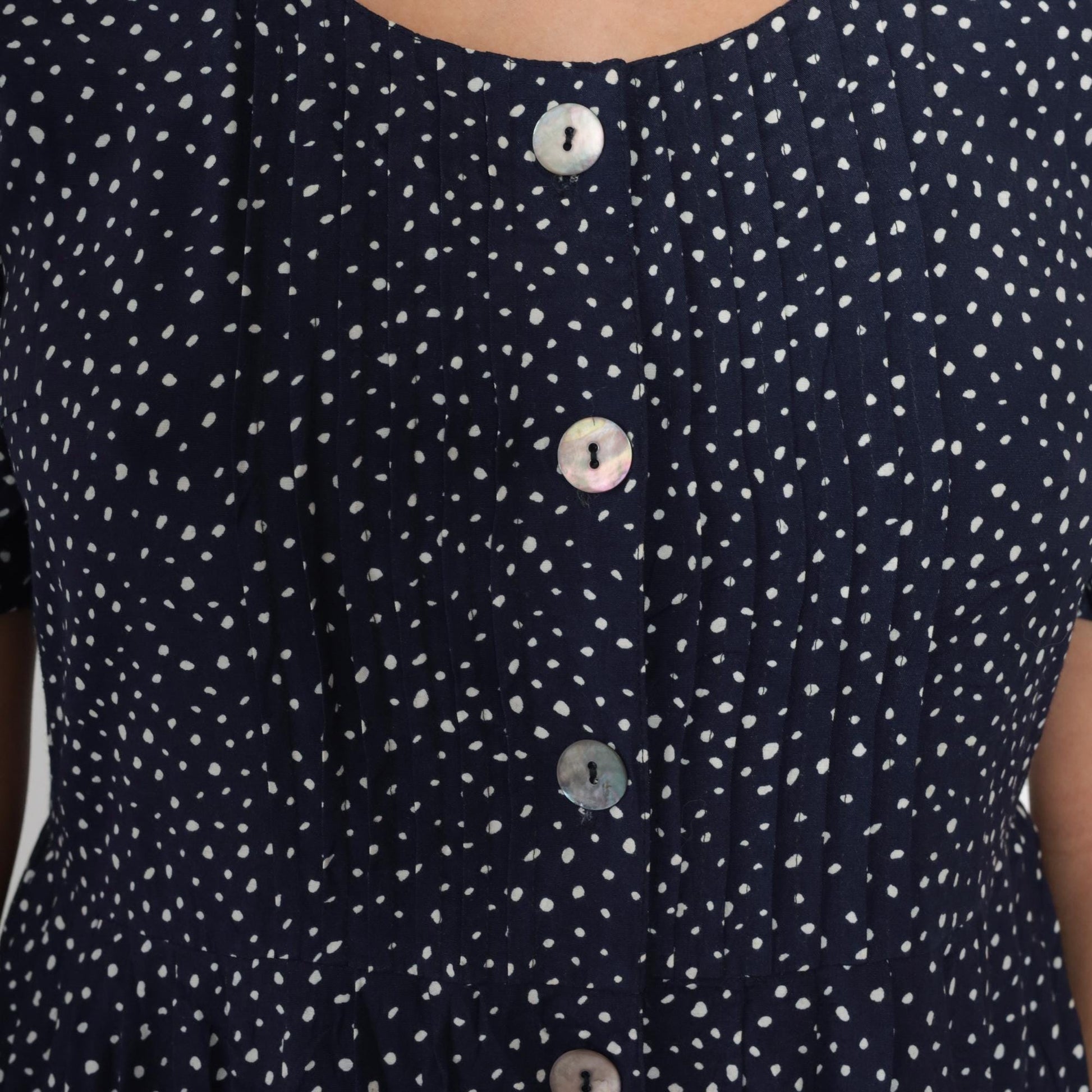 90s Karin Stevens Navy Polka Dot Midi Dress Button Up High Waist Medium 8