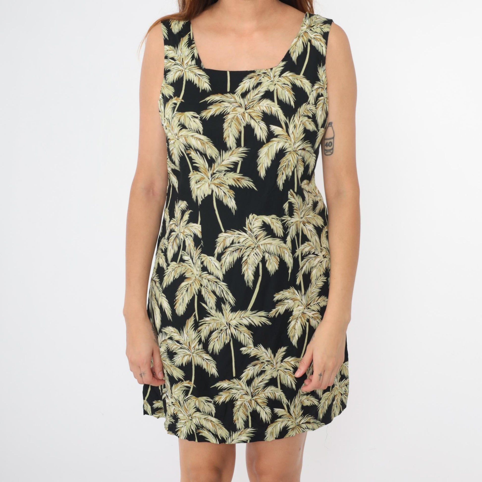 90s Hawaiian Palm Tree Mini Dress Sleeveless Sheath Black Green Medium