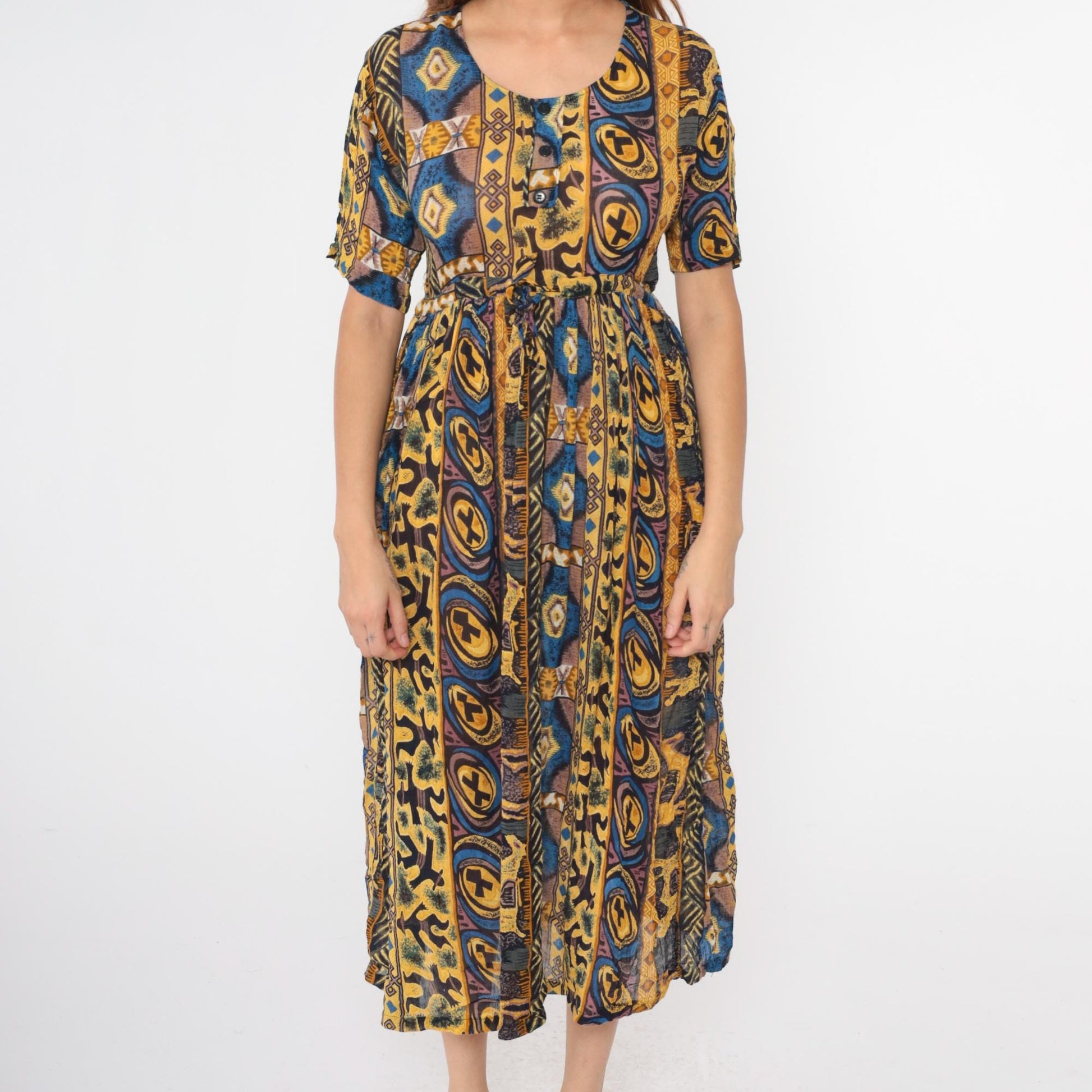 90s MintMode Geometric Horse Print Midi Dress Button Front Yellow Blue Small S