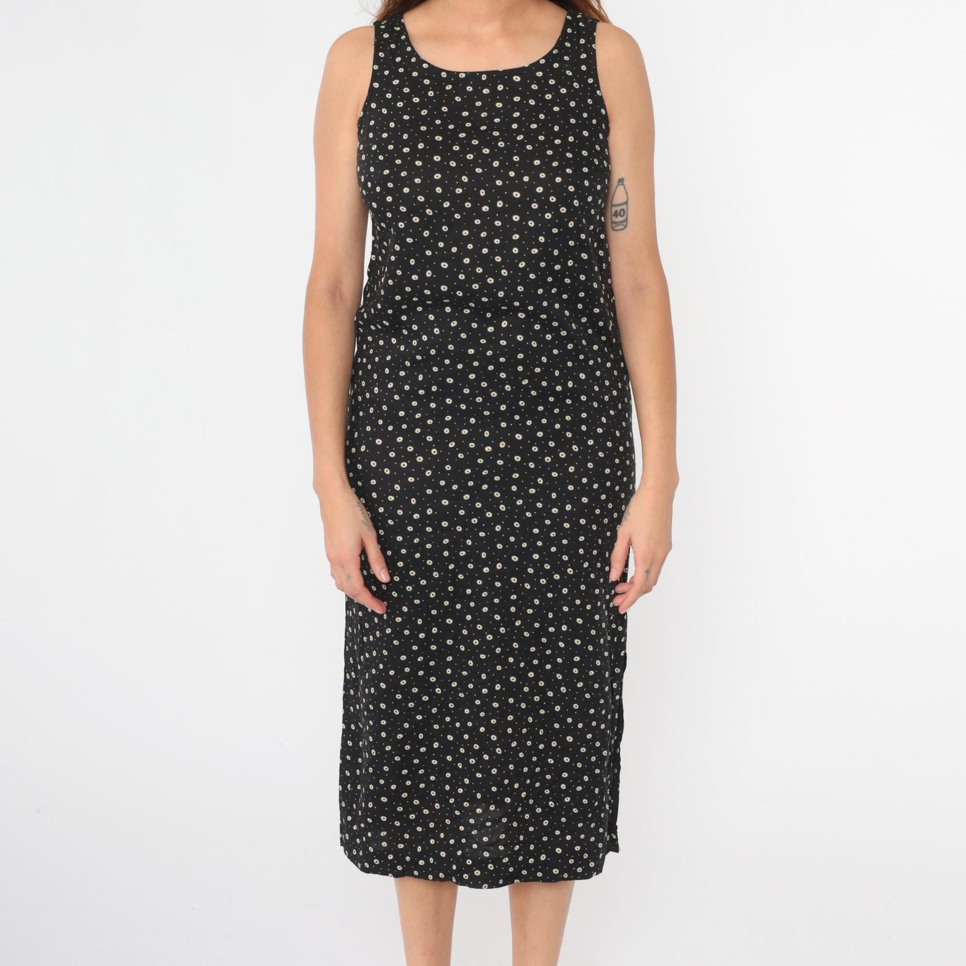 90s Teddi Dresses Black White Polka Dot Midi Sheath Sleeveless Small