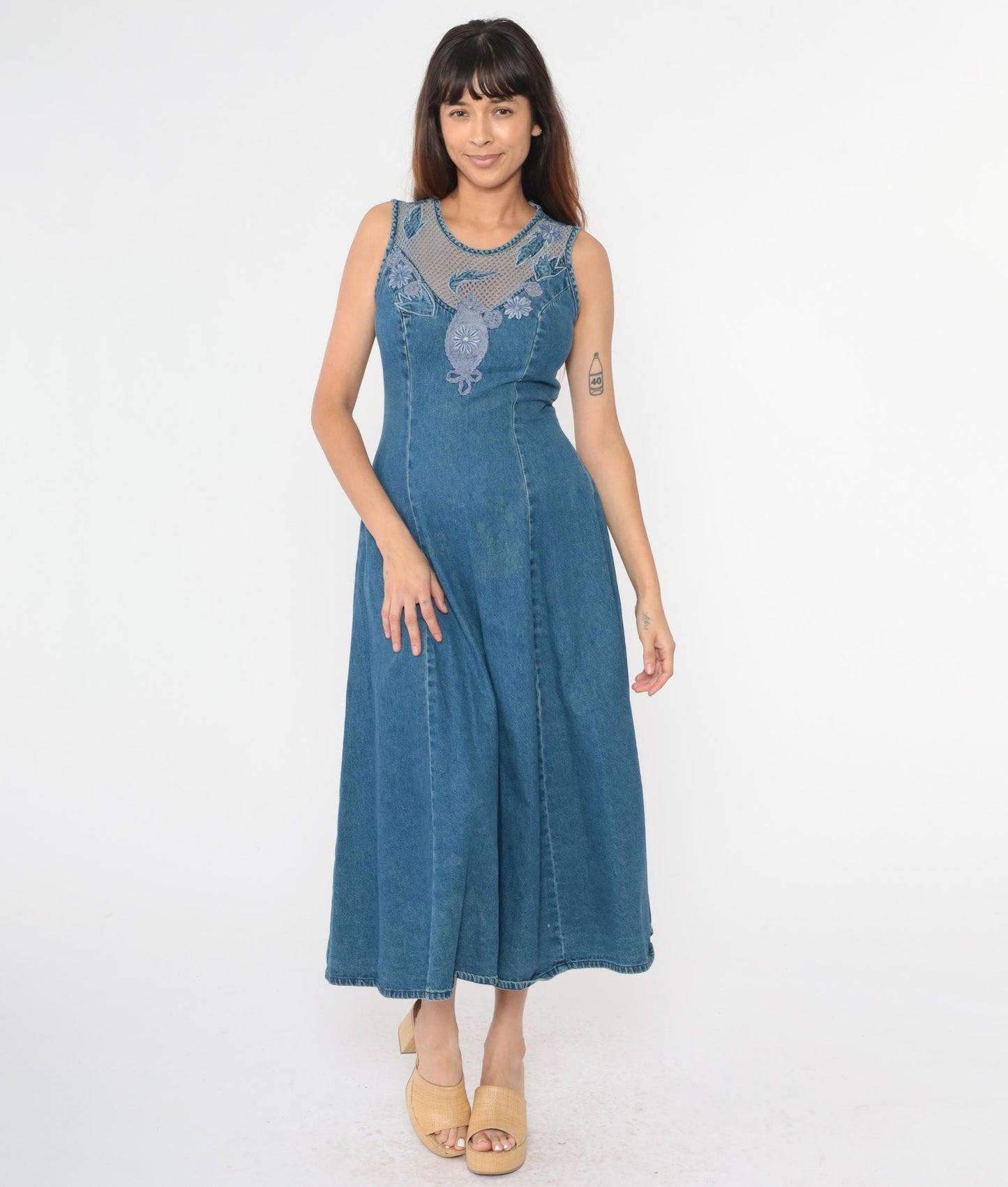 90s Styleworks Denim Dress Floral Appliqué Mesh Neckline Maxi Small