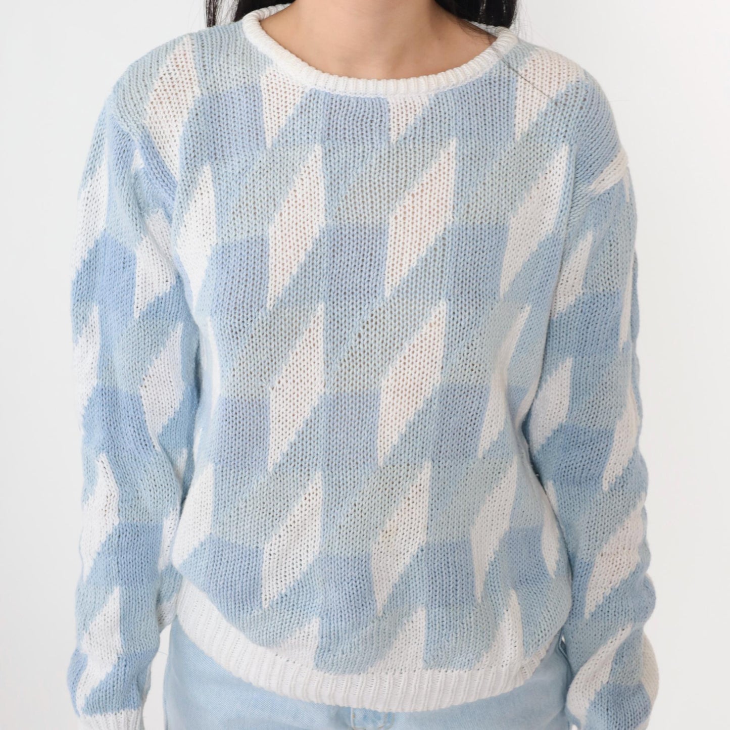 80s JH Collectibles Geometric Knit Sweater Light Blue White Crew Neck Small