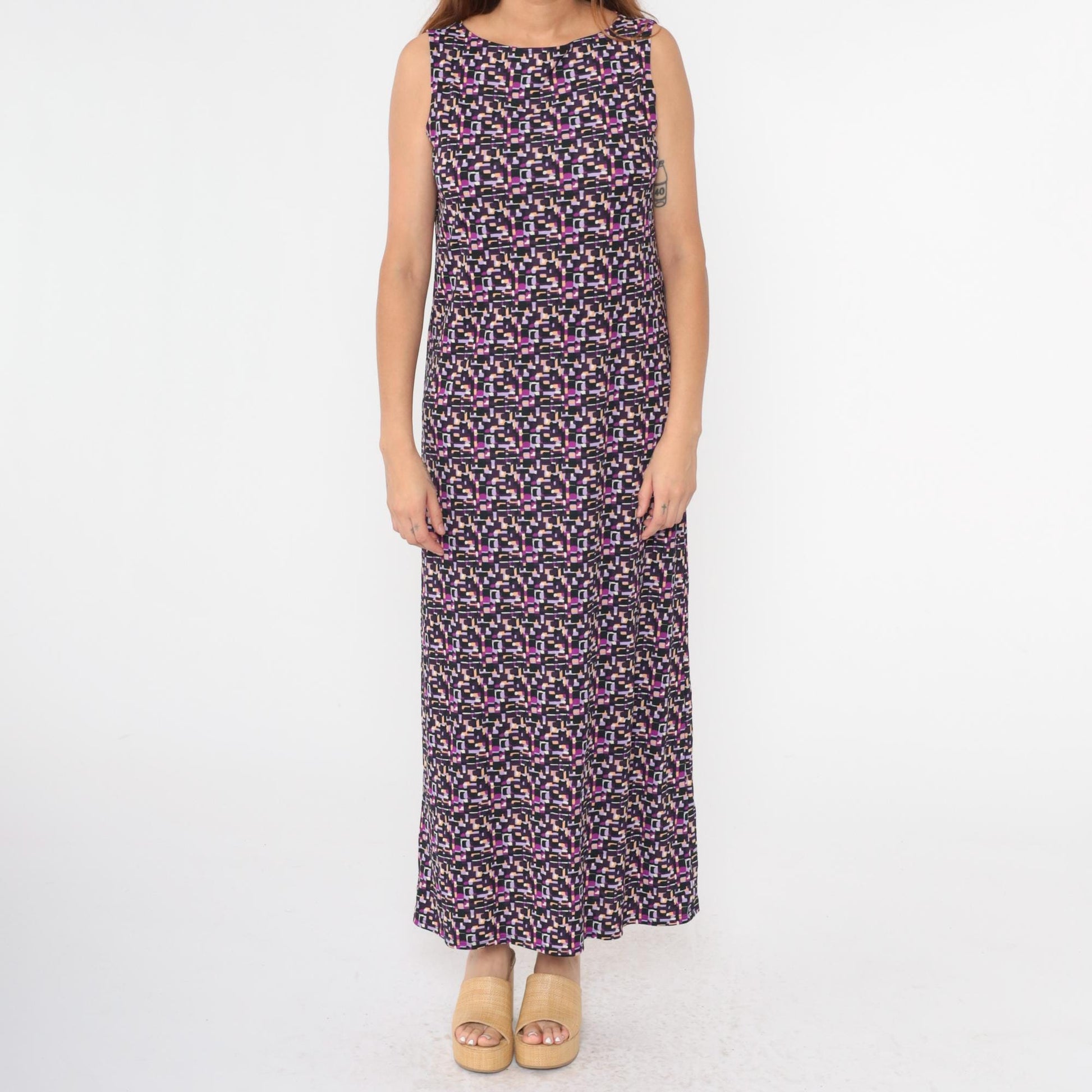 90s Purple Geometric Maxi Shift Dress Sleeveless Medium
