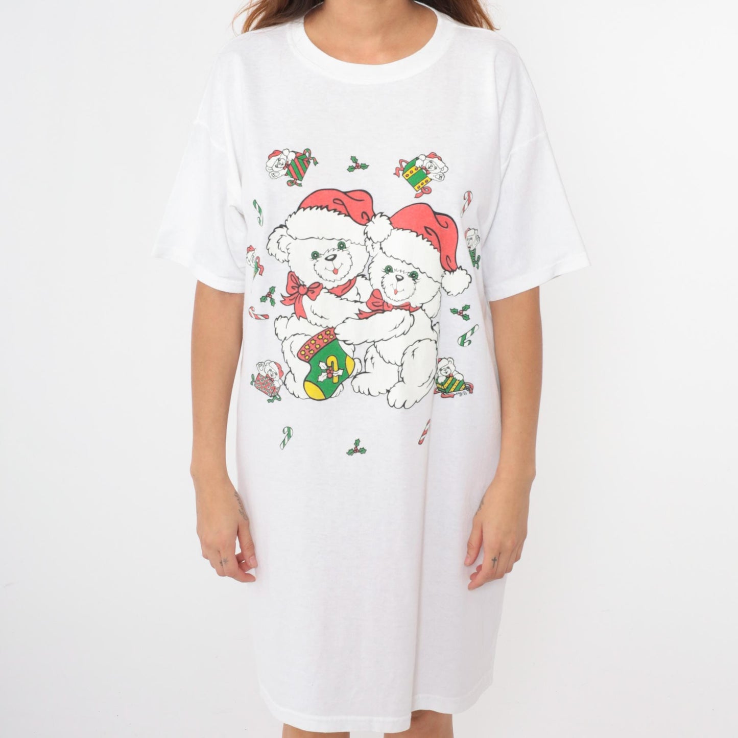 90s Christmas Teddy Bear Graphic T-Shirt Dress White Mini One Size
