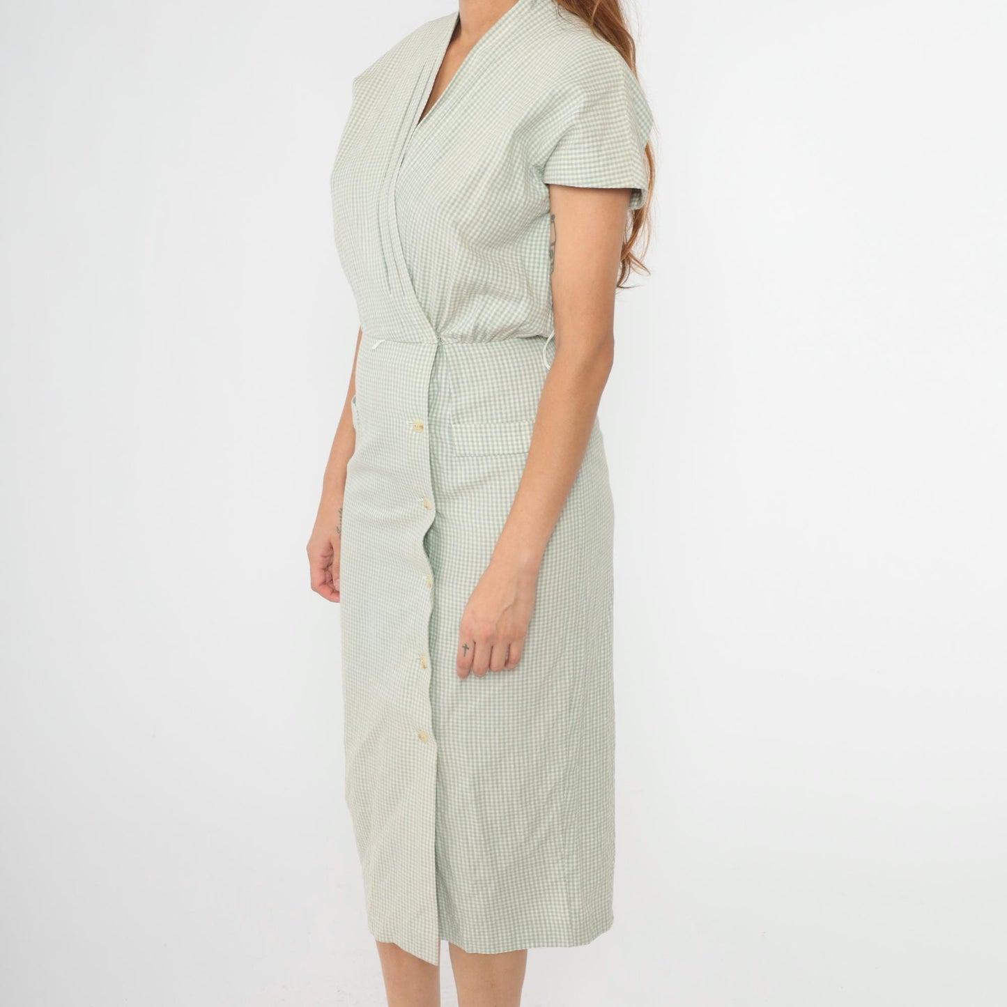 90s Cynthia Howe Gingham Shirtdress Sage Green Midi High Waist Small