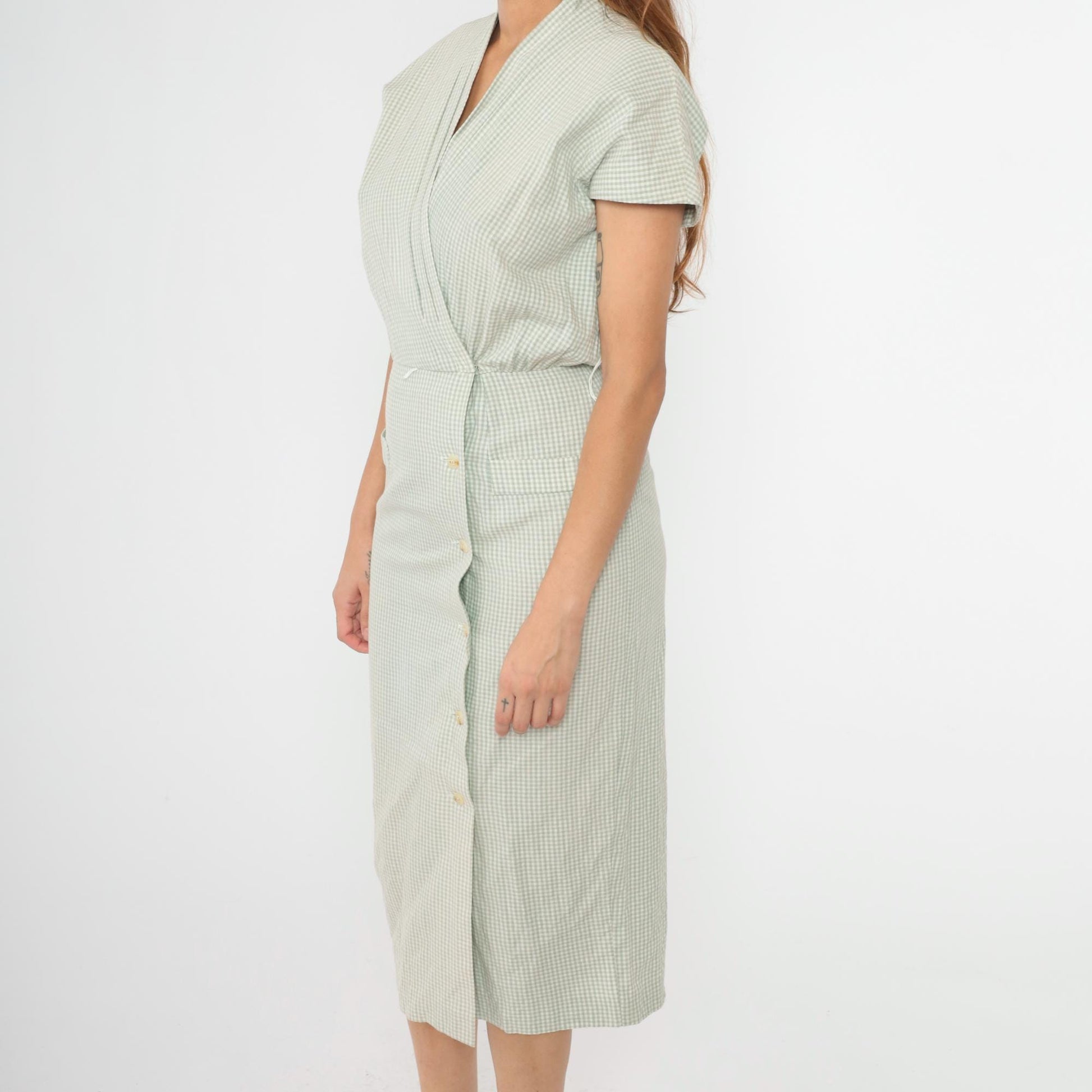90s Cynthia Howe Gingham Shirtdress Sage Green Midi High Waist Small