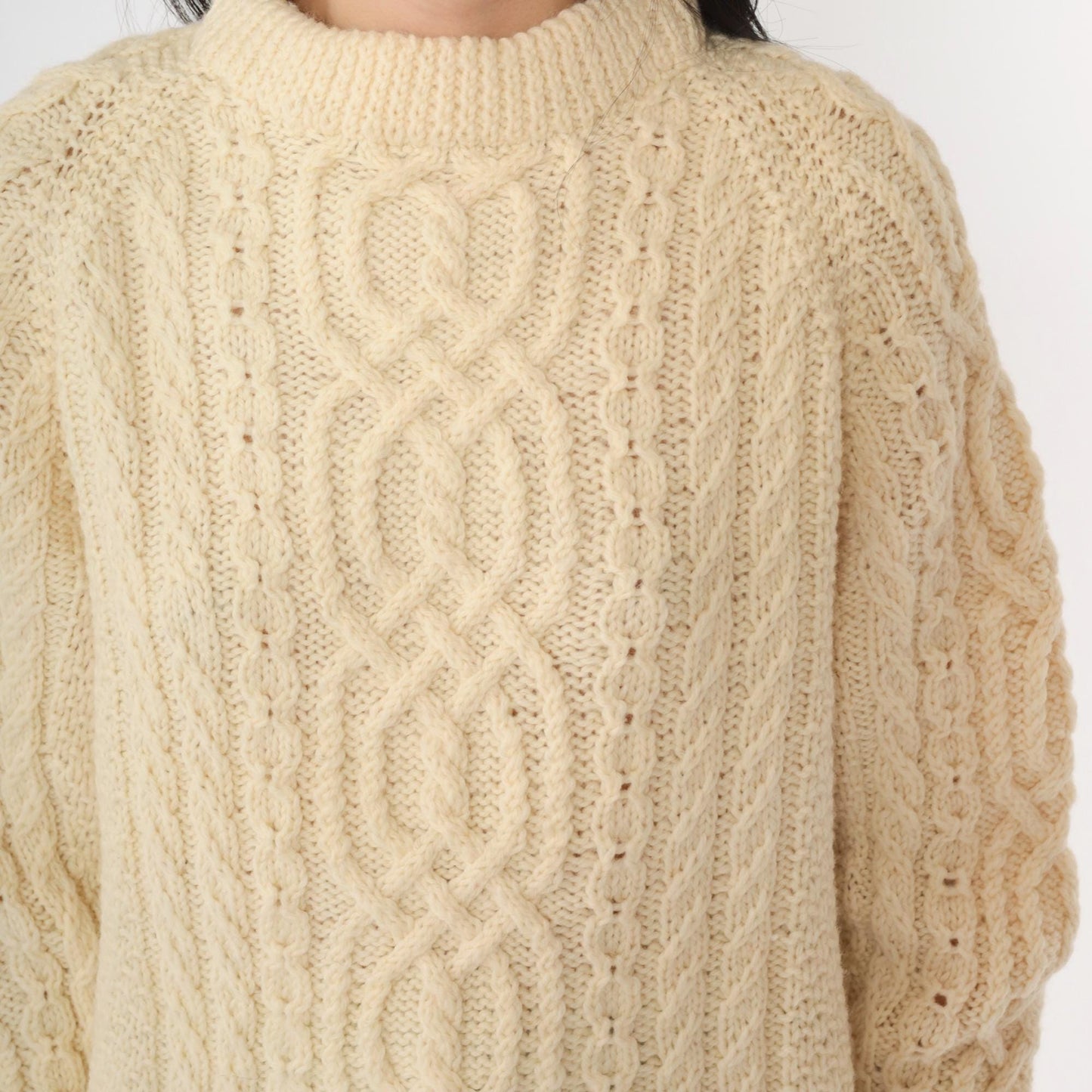 80s Cream Cable Knit Raglan Sweater Mock Neck Pullover Medium