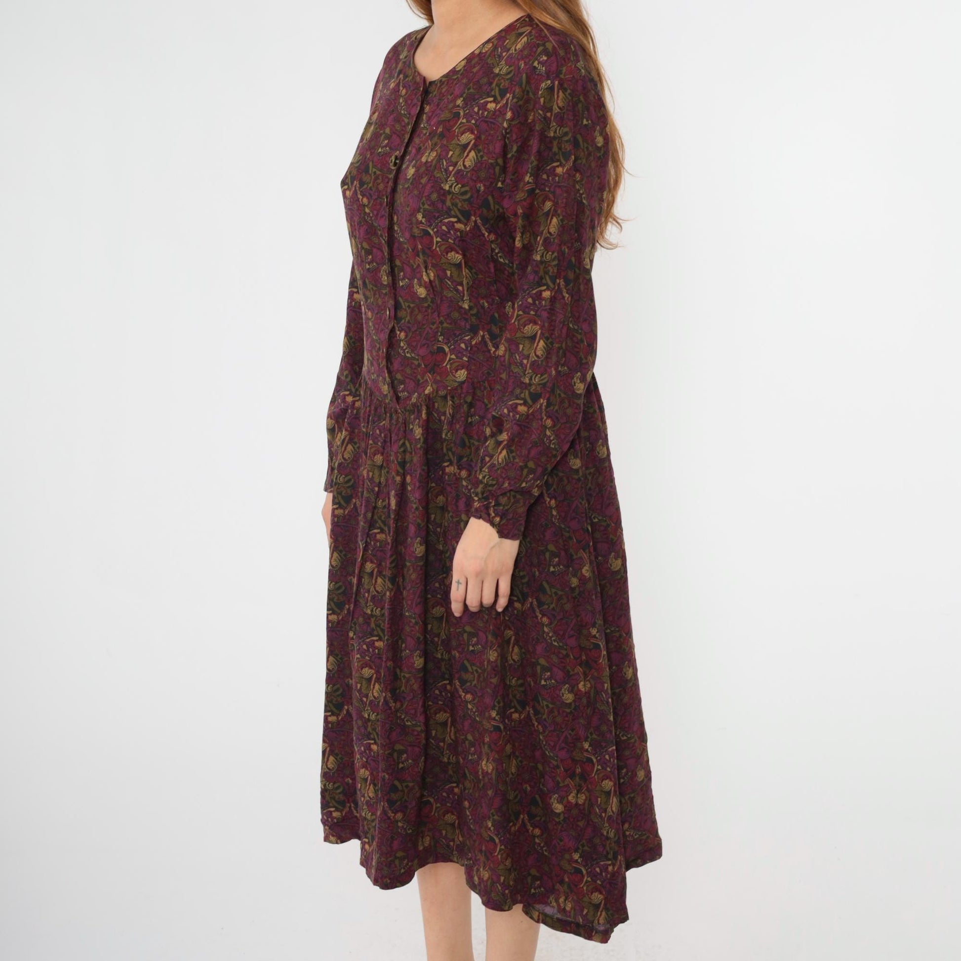 90s Ivy Impressions Floral Midi Shirtdress Purple Rayon Button Up Large