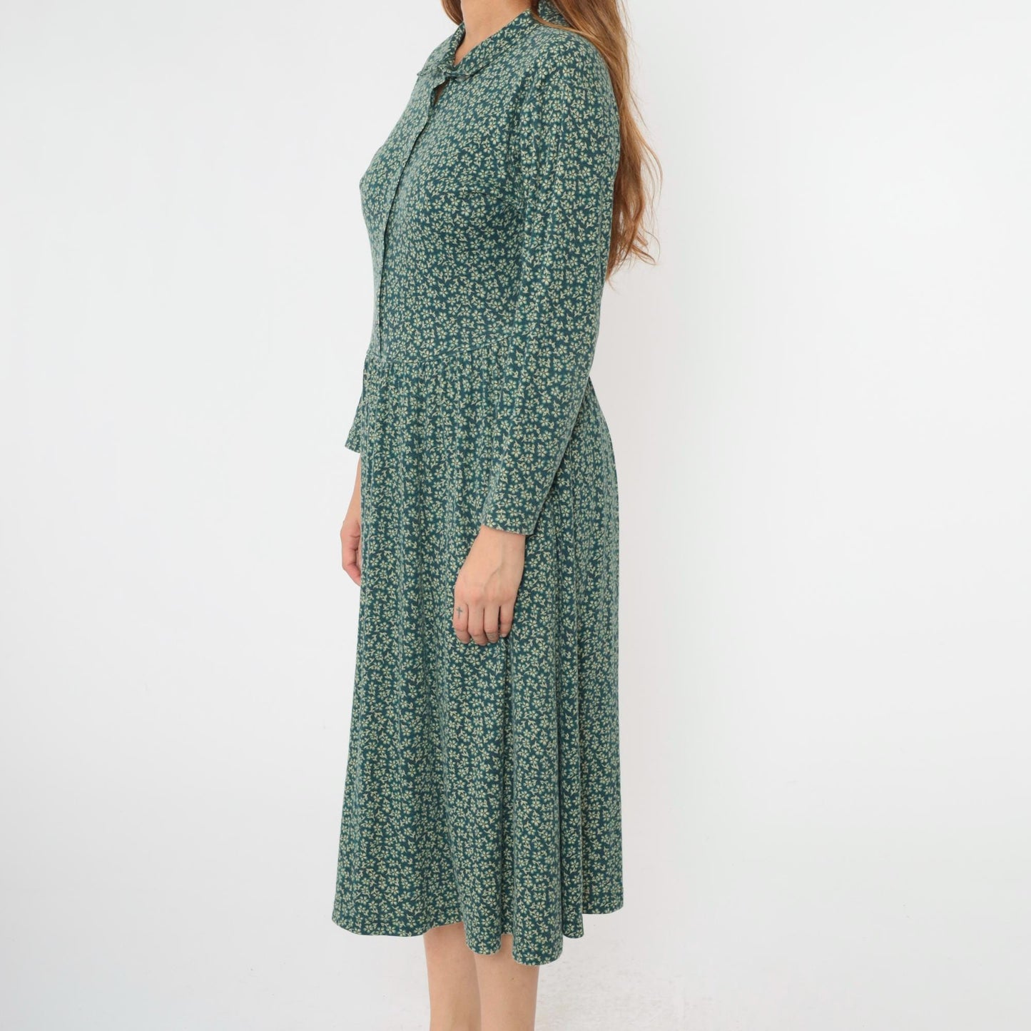 90s L.L. Bean Floral Midi Shirt Dress Green Button-Up Long Sleeve Medium