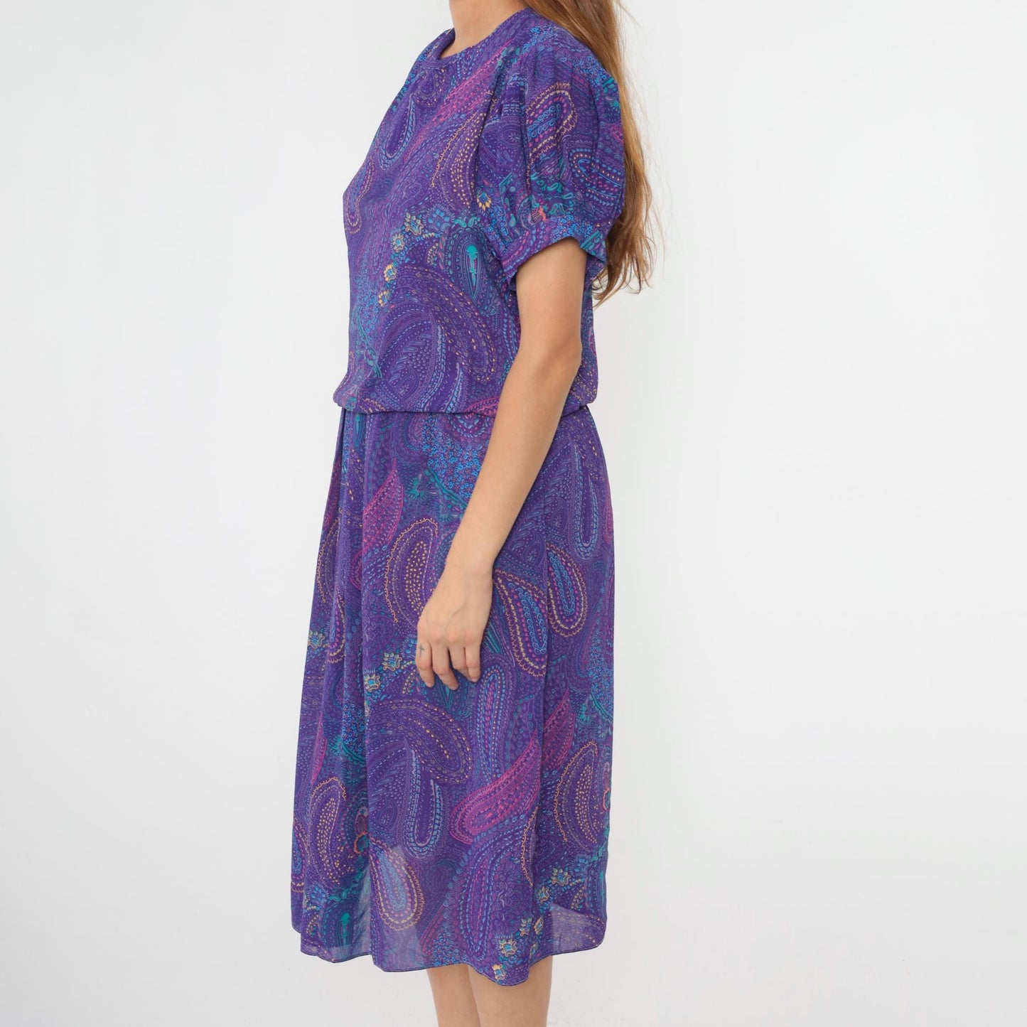 80s Purple Paisley Midi Dress Puff Sleeve High Waist Blouson Medium Large