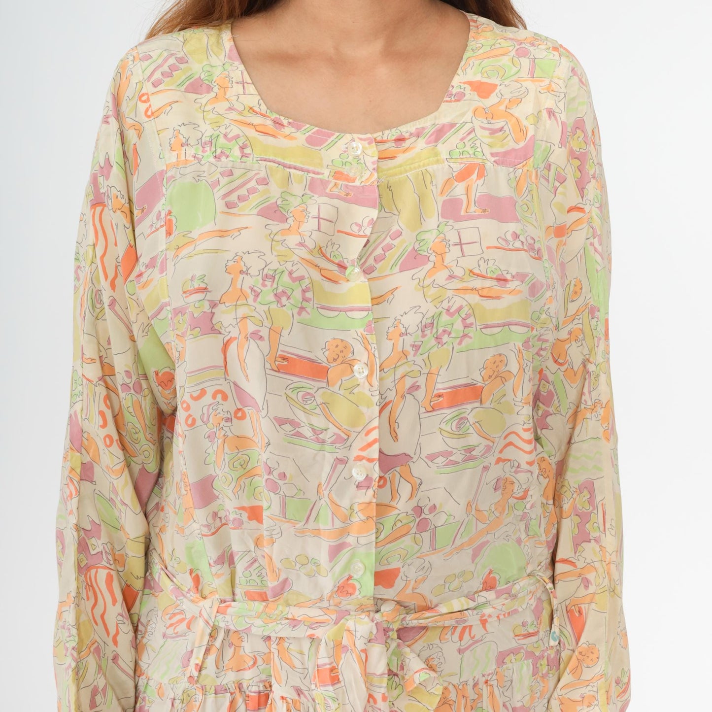 90s Hyper New York Silk Midi Dress Abstract People Print Pastel Medium M