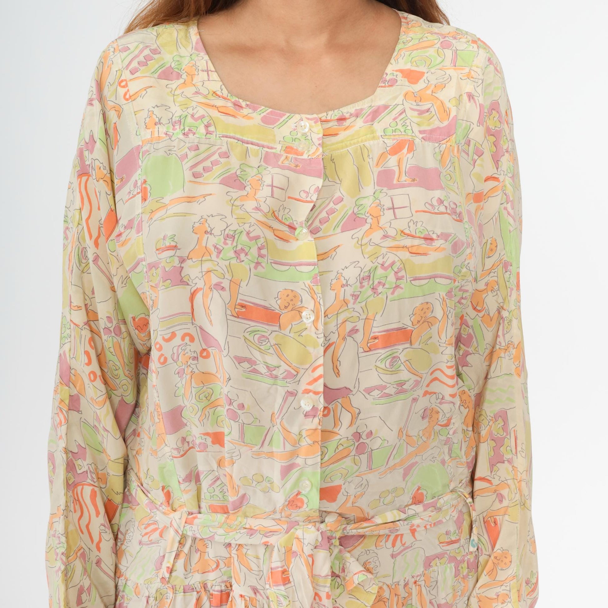 90s Hyper New York Silk Midi Dress Abstract People Print Pastel Medium M