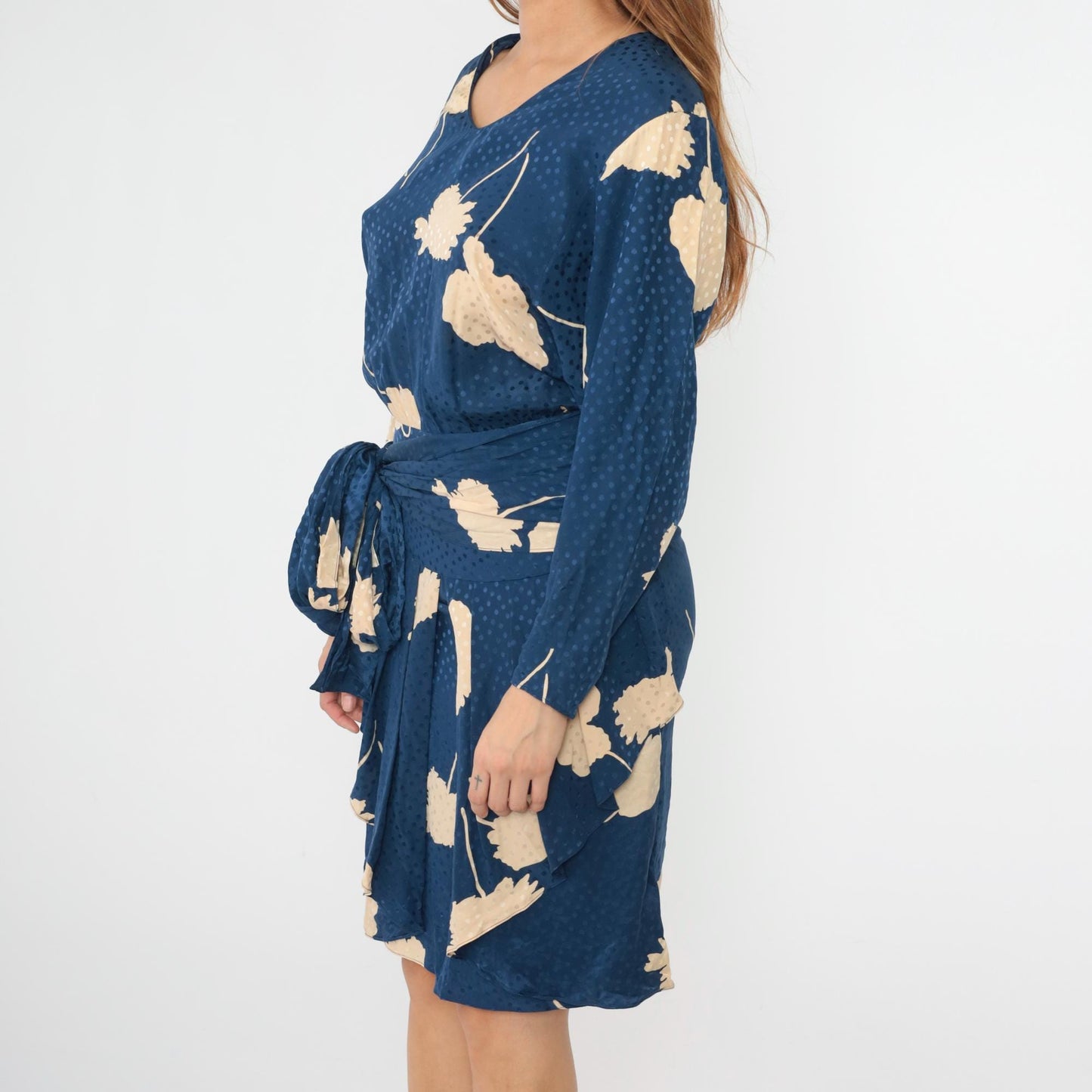 80s Liancarlo Per Cache Silk Midi Dress Navy Floral Peplum Small 4