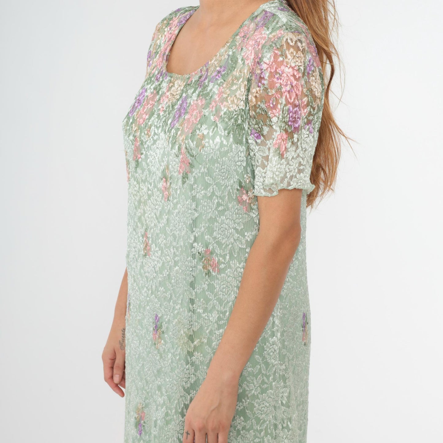 90s Shar Ade of California Pastel Green Floral Lace Maxi Dress Plus Size XXL