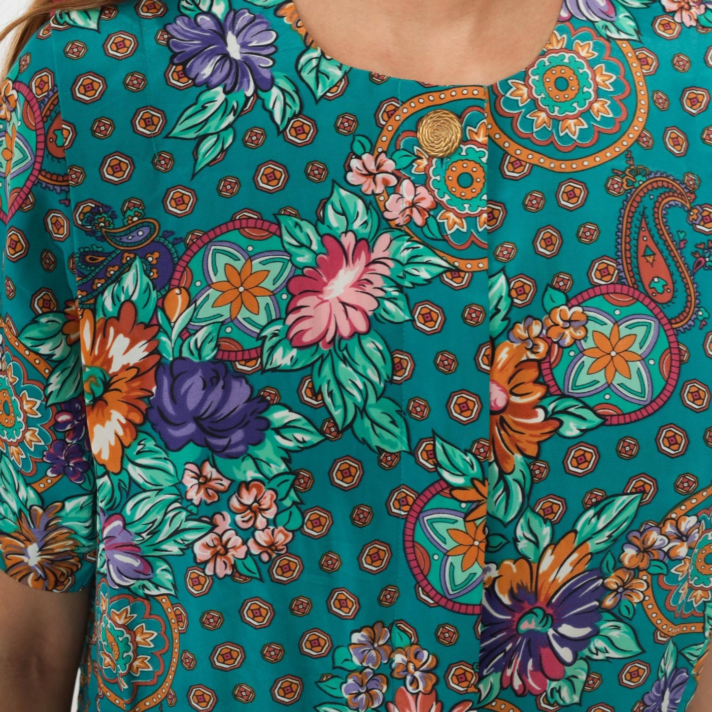 80s Turquoise Paisley Floral Midi Shirtdress Leslie Fay Button Front Pleated Medium Petite