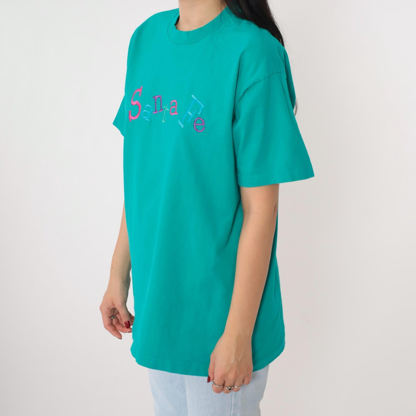 00s Santa Fe Embroidered Graphic T-Shirt Teal Crewneck Cotton Large