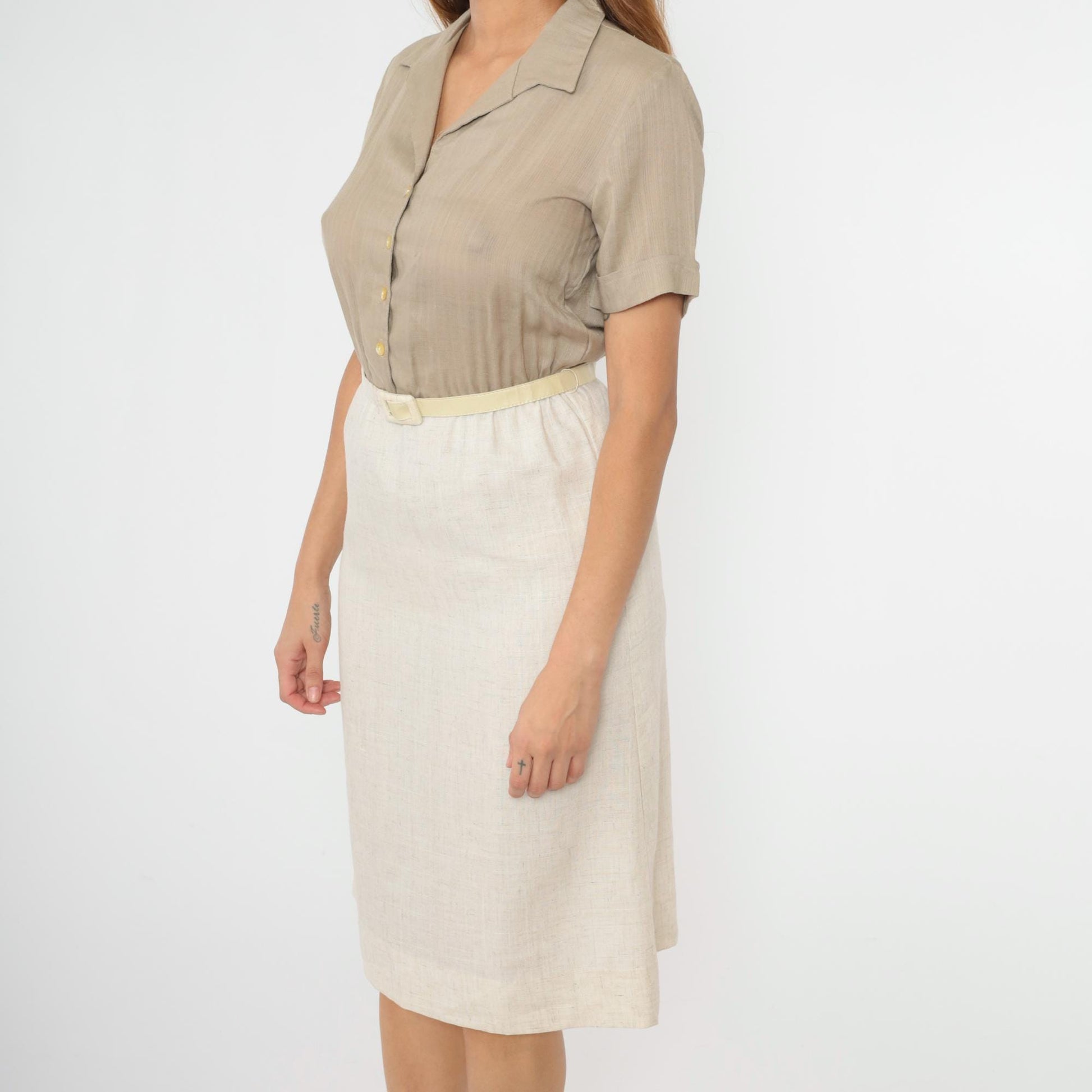 80s Taupe Button-Up Midi Shirtdress High-Waisted Cream Pencil Skirt Small