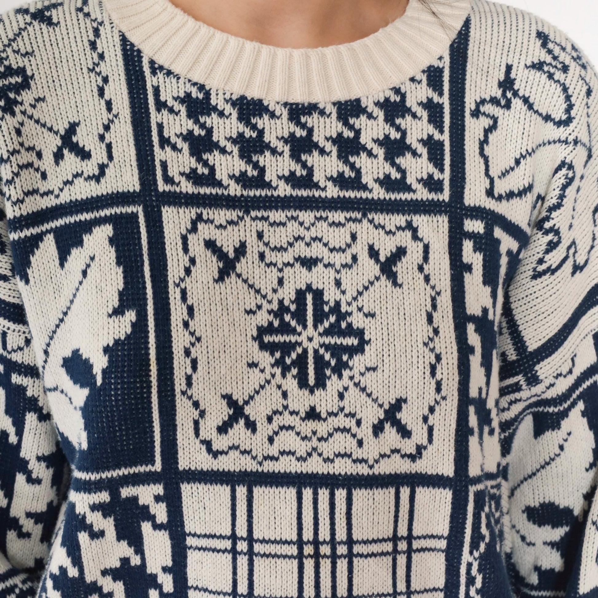 90s Cabin Creek Patchwork Knit Sweater Houndstooth Checkered Crewneck Medium