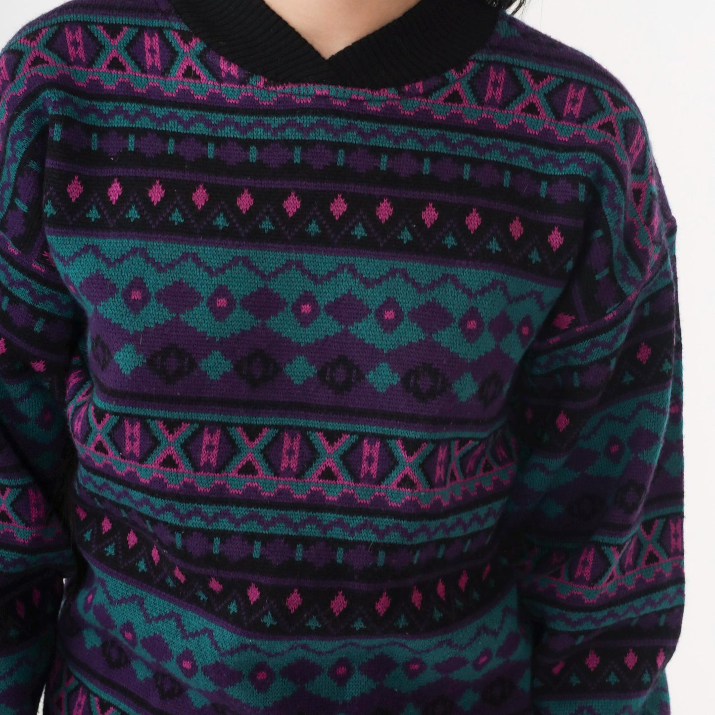 80s Southwestern Geometric Wool Blend Pullover Purple Teal Medium