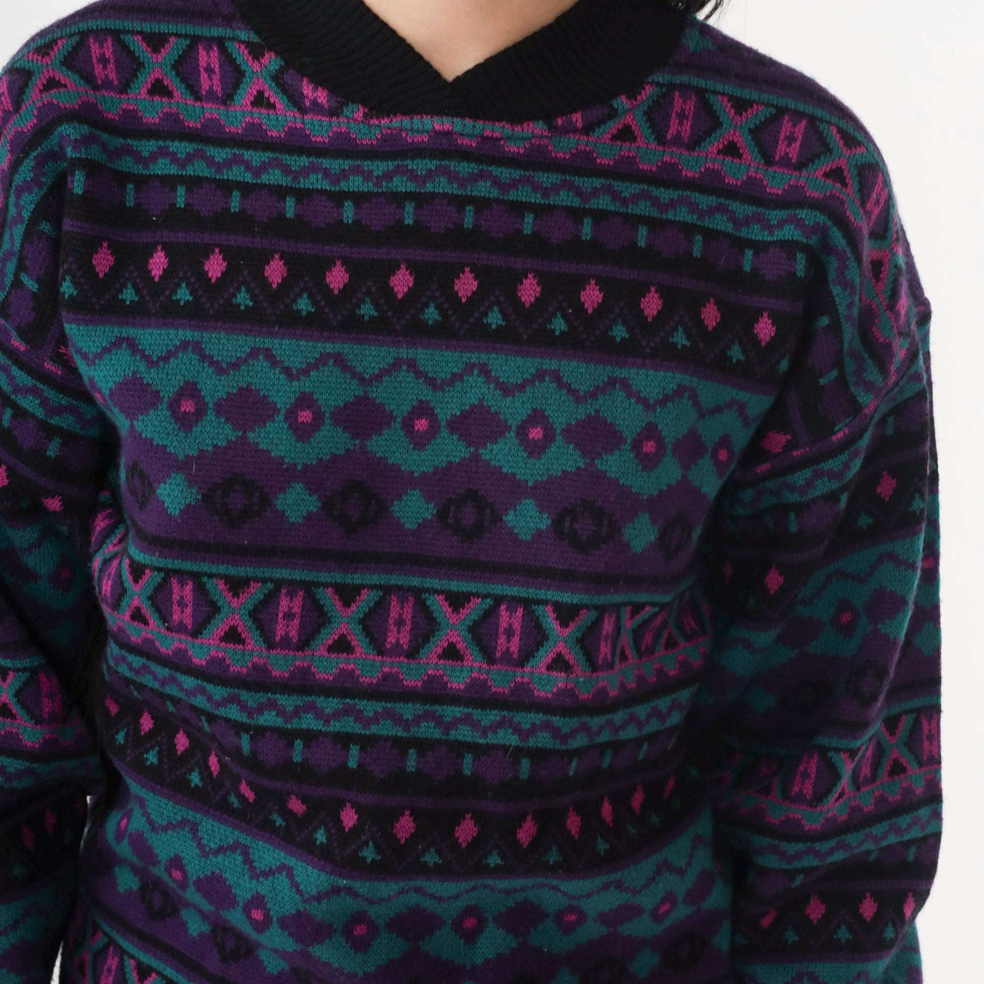 80s Southwestern Geometric Wool Blend Pullover Purple Teal Medium
