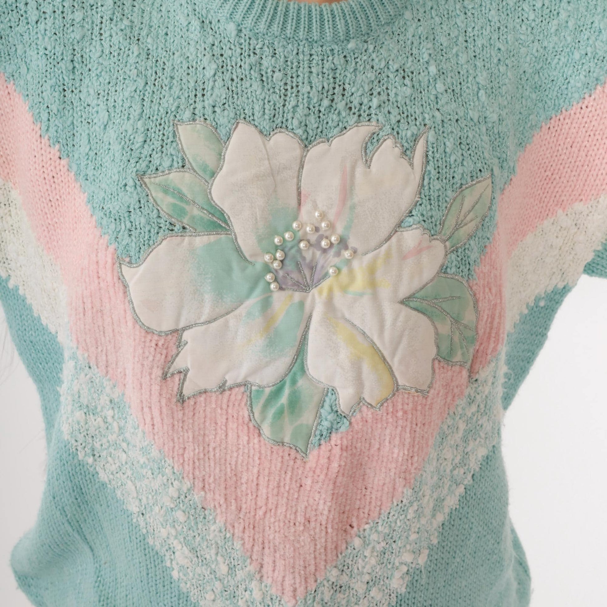 80s Jacelyn Smith Seafoam Knit Sweater Pearl Beaded Floral Chevron Medium