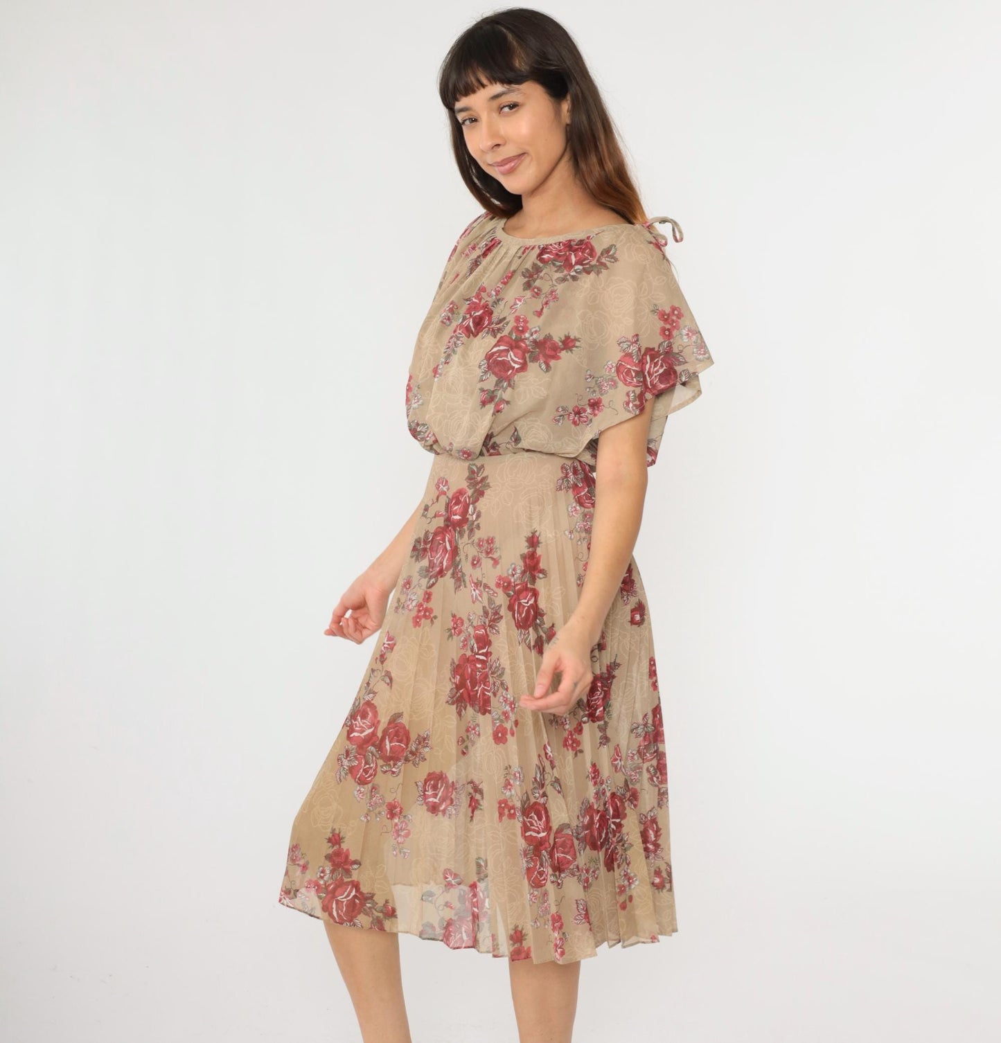 70s Floral Midi Dress Taupe Rose Print High Waist Blouson Flutter Sleeve Small