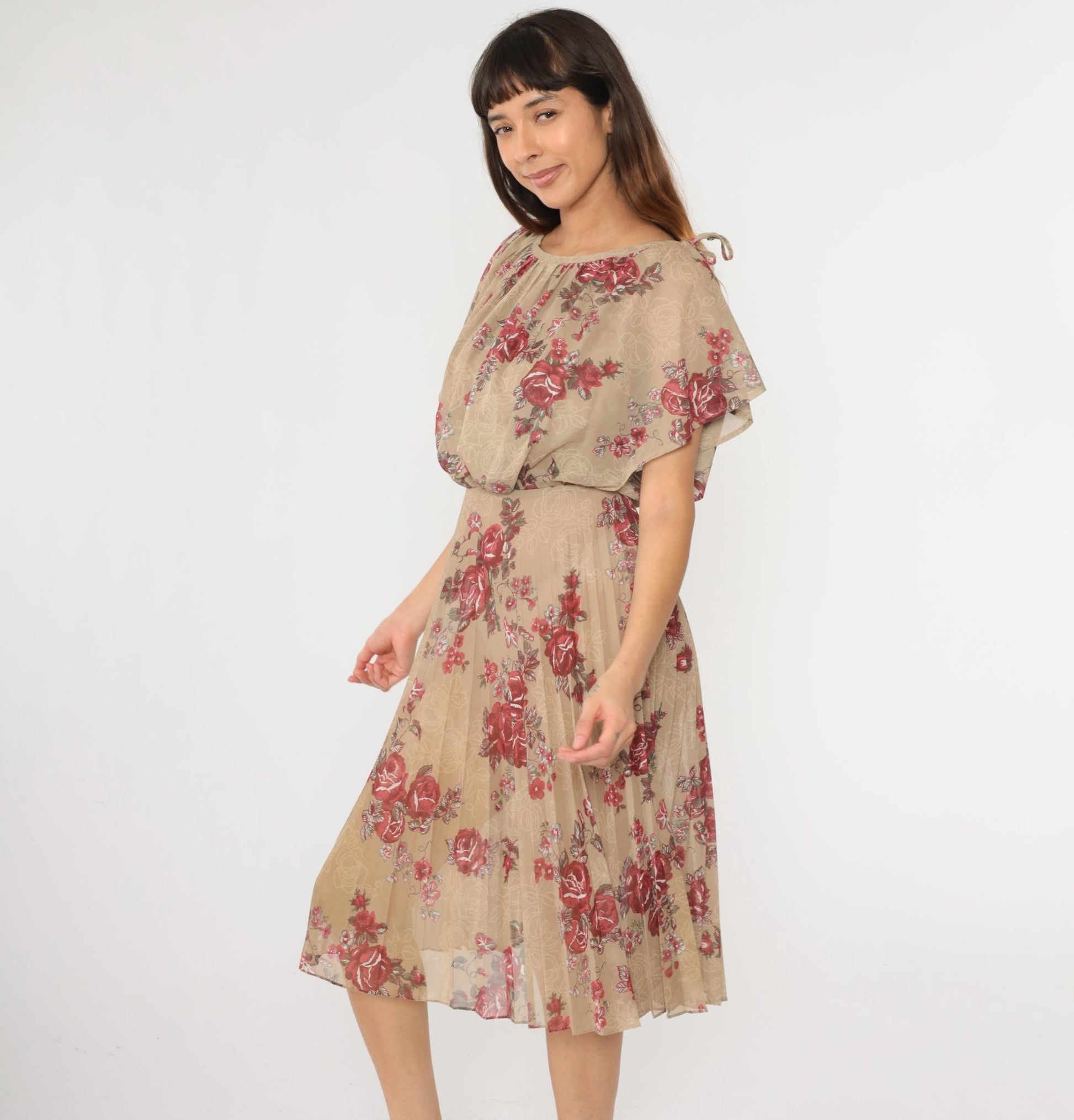 70s Floral Midi Dress Taupe Rose Print High Waist Blouson Flutter Sleeve Small