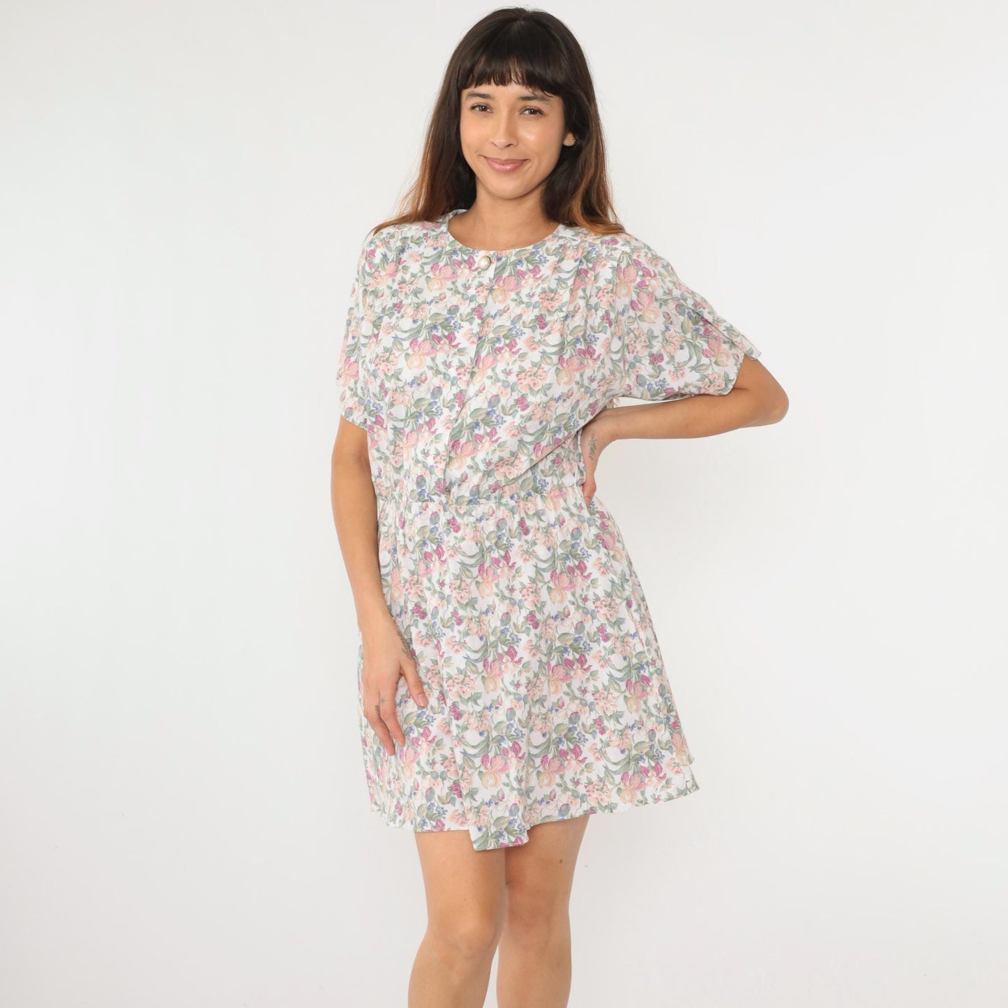 90s White Floral Print Button-Up Shirtdress Elastic Waist Mini Medium Large