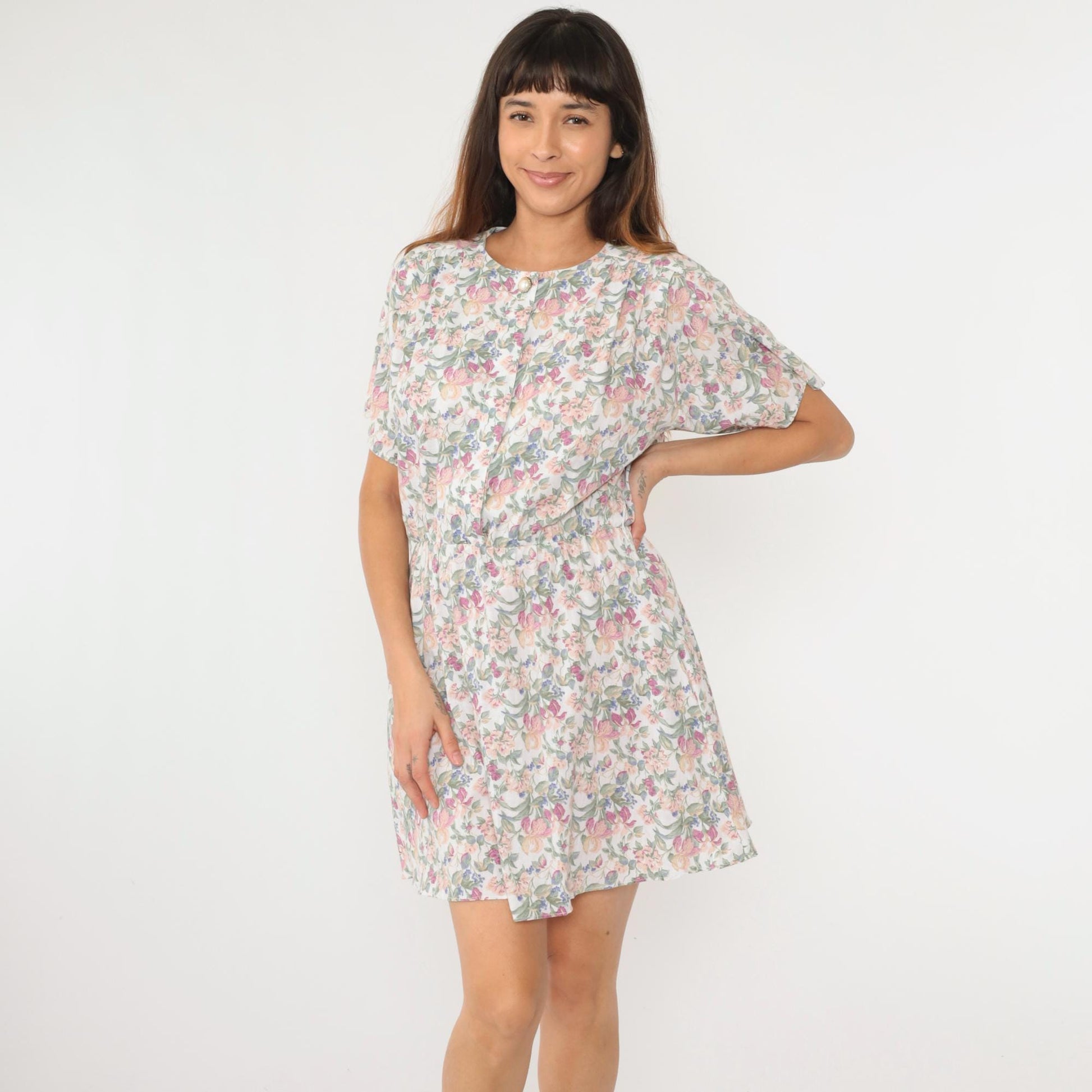 90s White Floral Print Button-Up Shirtdress Elastic Waist Mini Medium Large