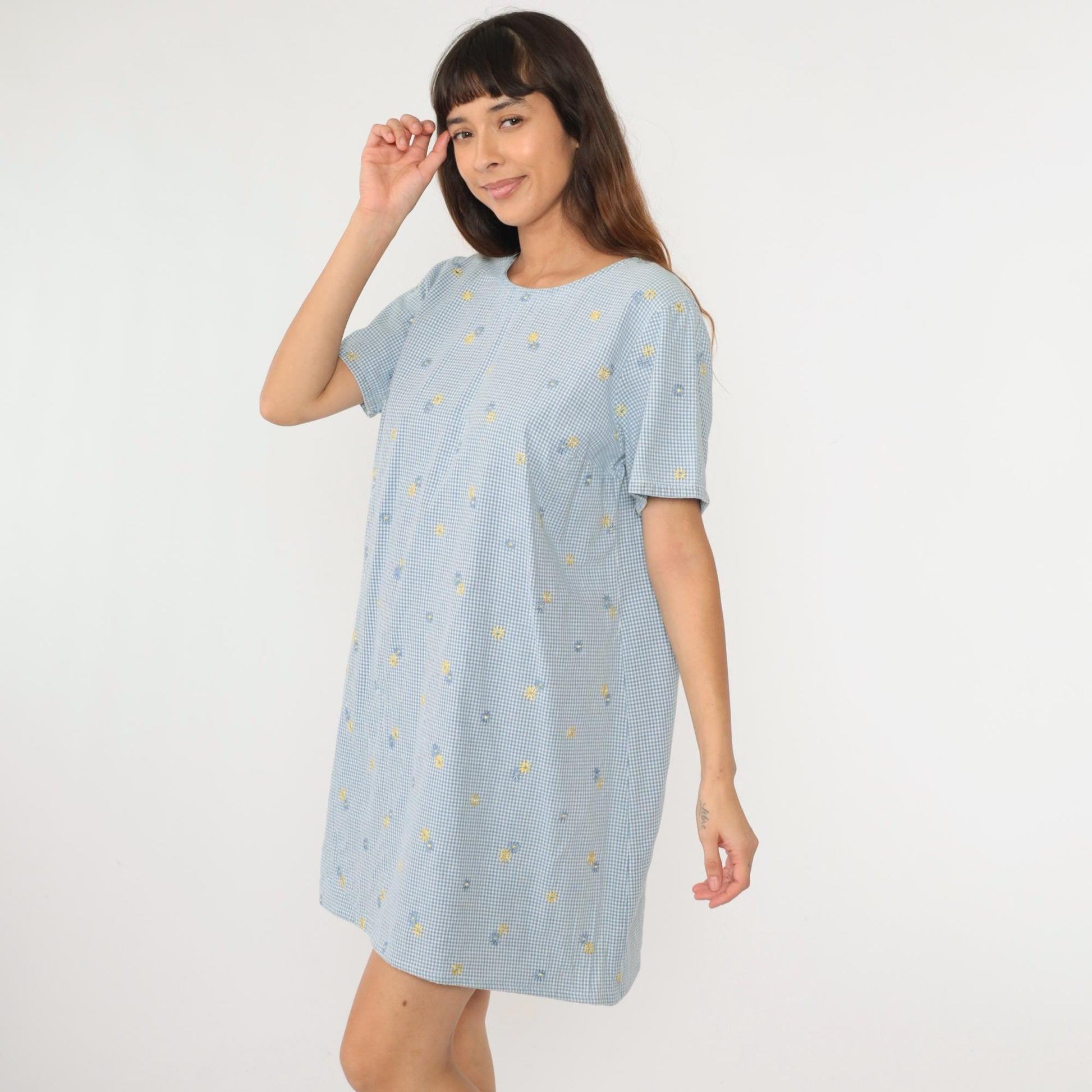 90s Blue Gingham Floral Embroidered Mini Shift Dress Cotton Large