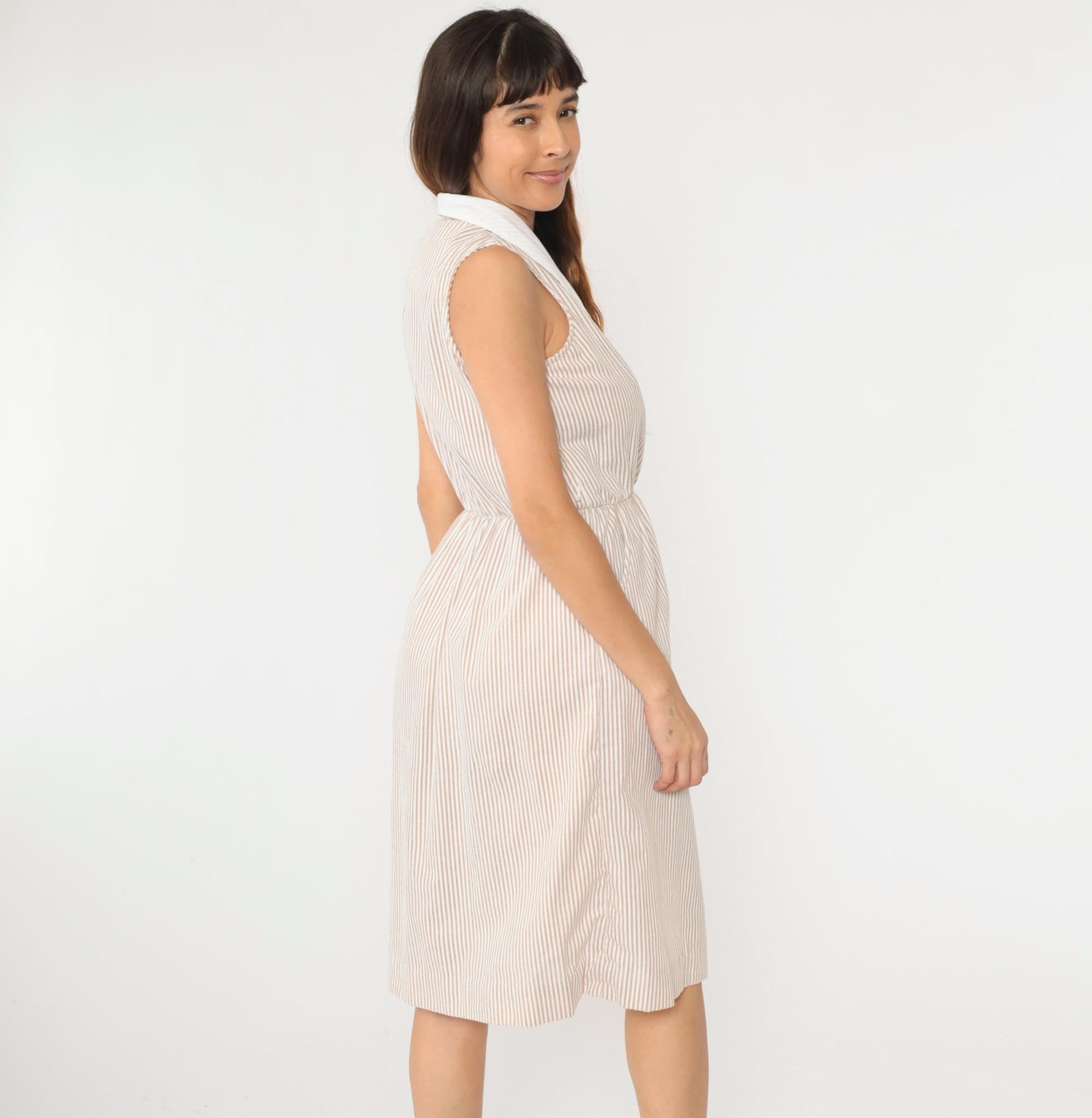 80s Kevin Stuart Seersucker Midi Dress Brown White Striped Collared Small