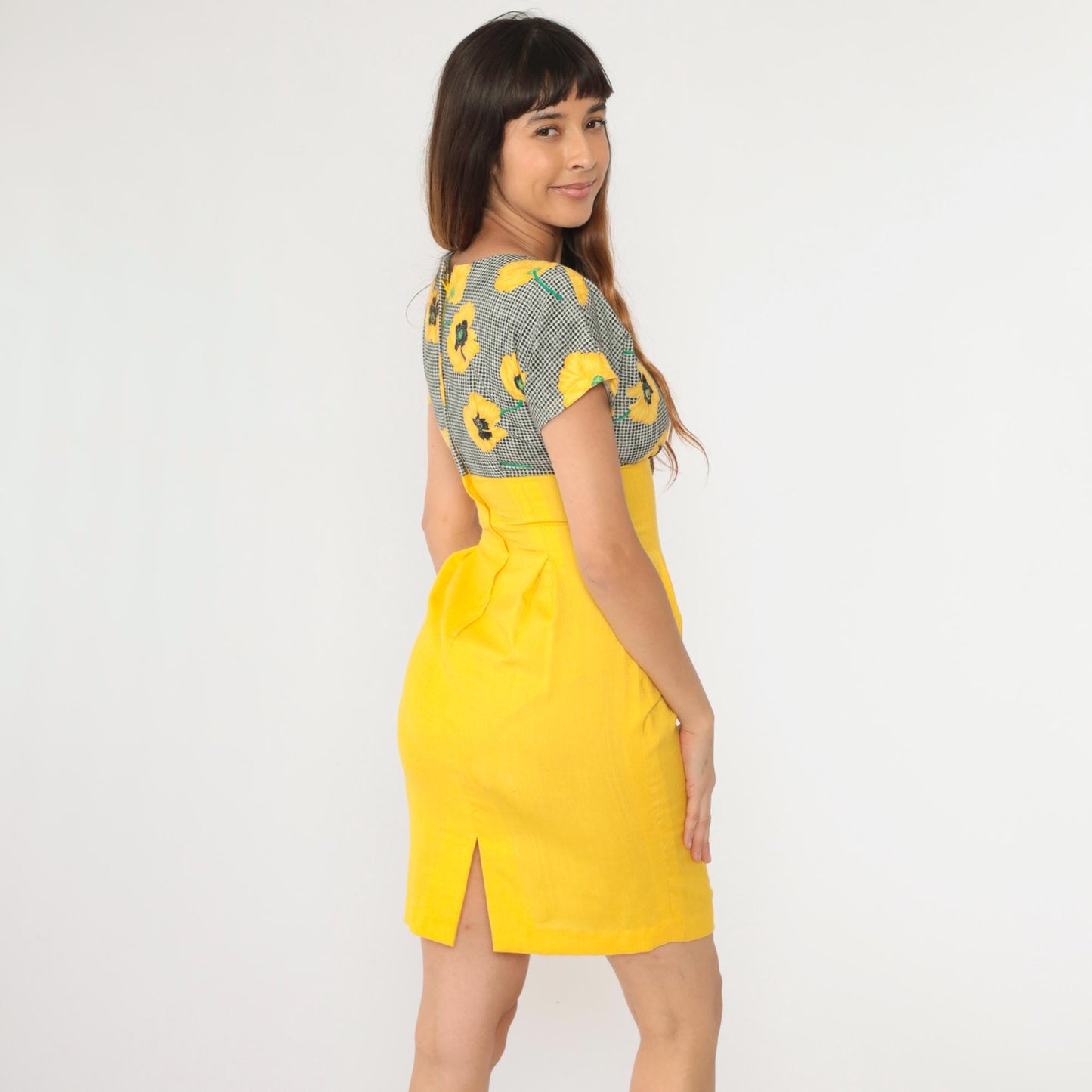 80s Yellow Floral Black Gingham Empire Waist Mini Dress Pleated Small