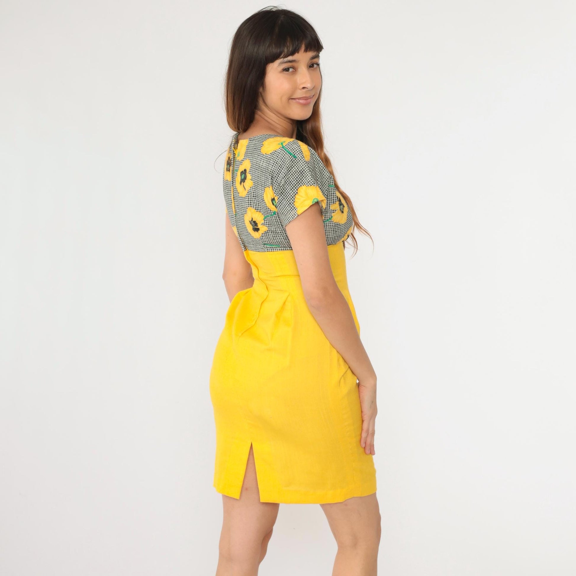 80s Yellow Floral Black Gingham Empire Waist Mini Dress Pleated Small