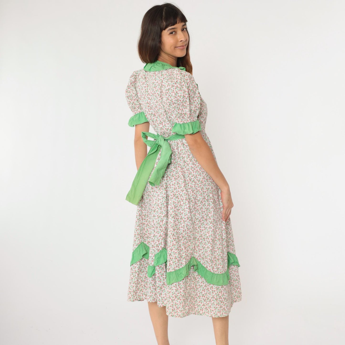 70s White Calico Floral Midi Dress Puff Sleeve High Waist Ruffled Medium Large