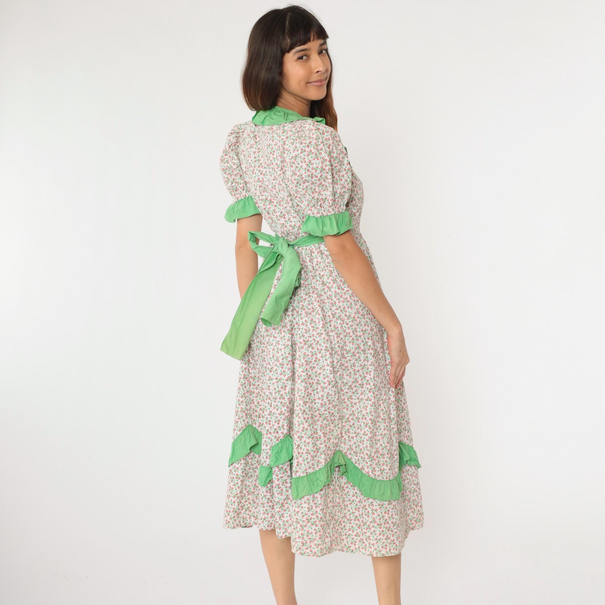 70s White Calico Floral Midi Dress Puff Sleeve High Waist Ruffled Medium Large