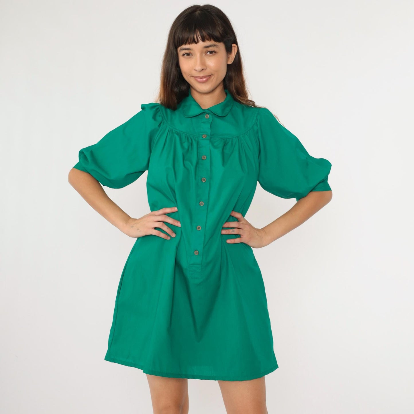 70s Green Yoke Shirtdress Peter Pan Collar Puff Sleeve A-Line Medium