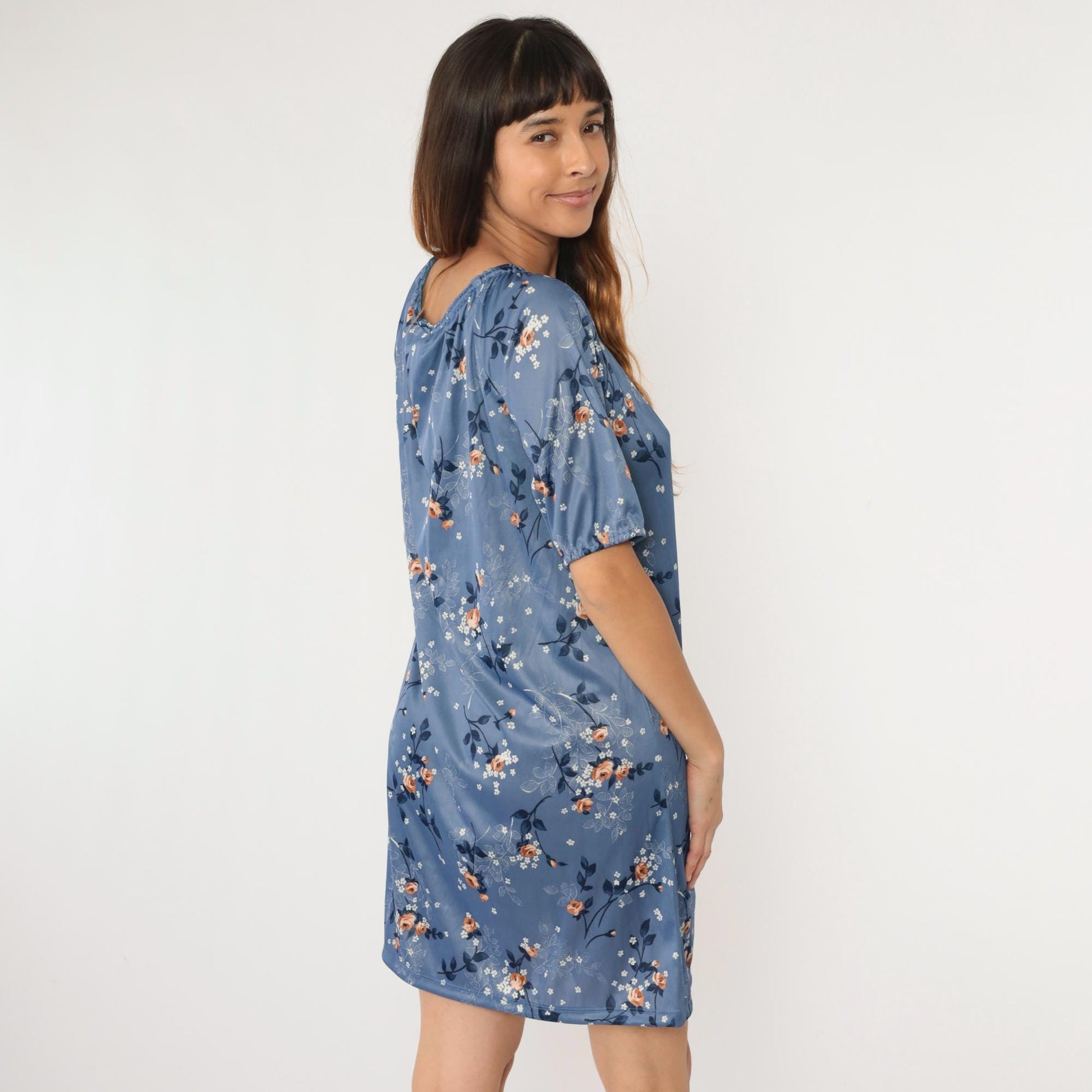 70s Blue Floral Mini Dress Keyhole Neck Shift Short Sleeve Medium Large