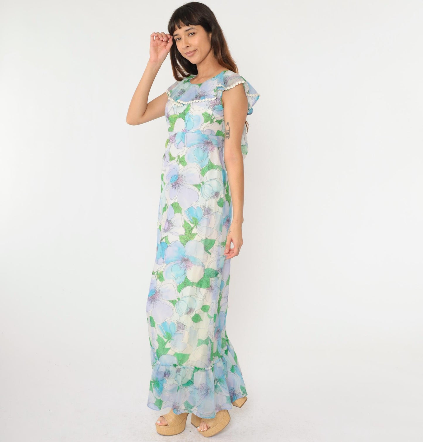 70s Floral Chiffon Maxi Dress Blue Green Ruffle Hem Open Back Small
