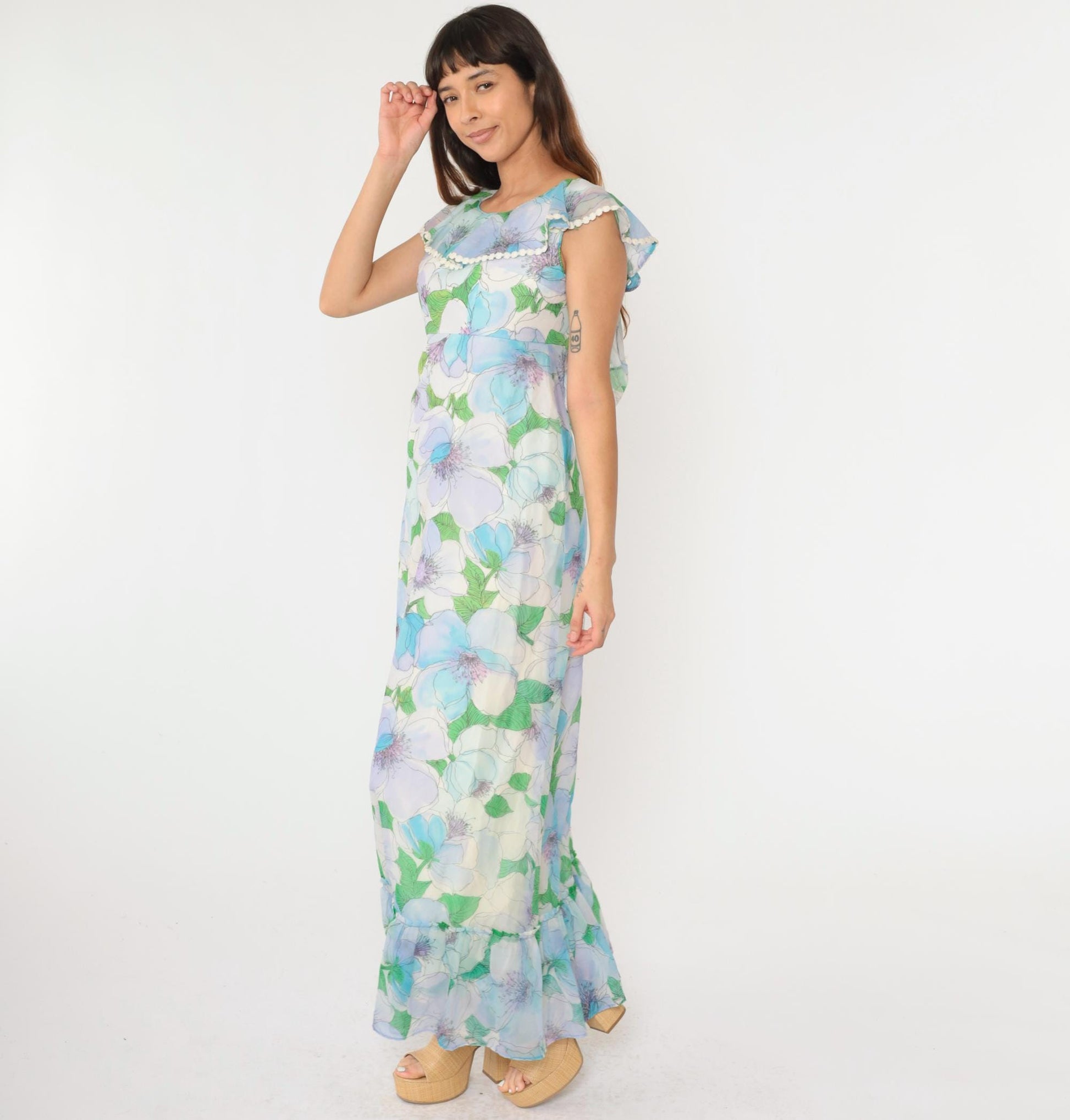 70s Floral Chiffon Maxi Dress Blue Green Ruffle Hem Open Back Small