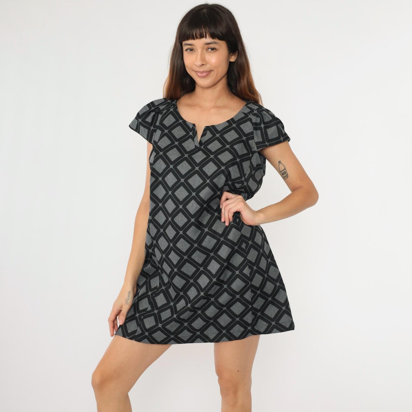 90s Robbie Bee Geometric Mini Dress Grey Black V-Neck Puff Sleeve Large