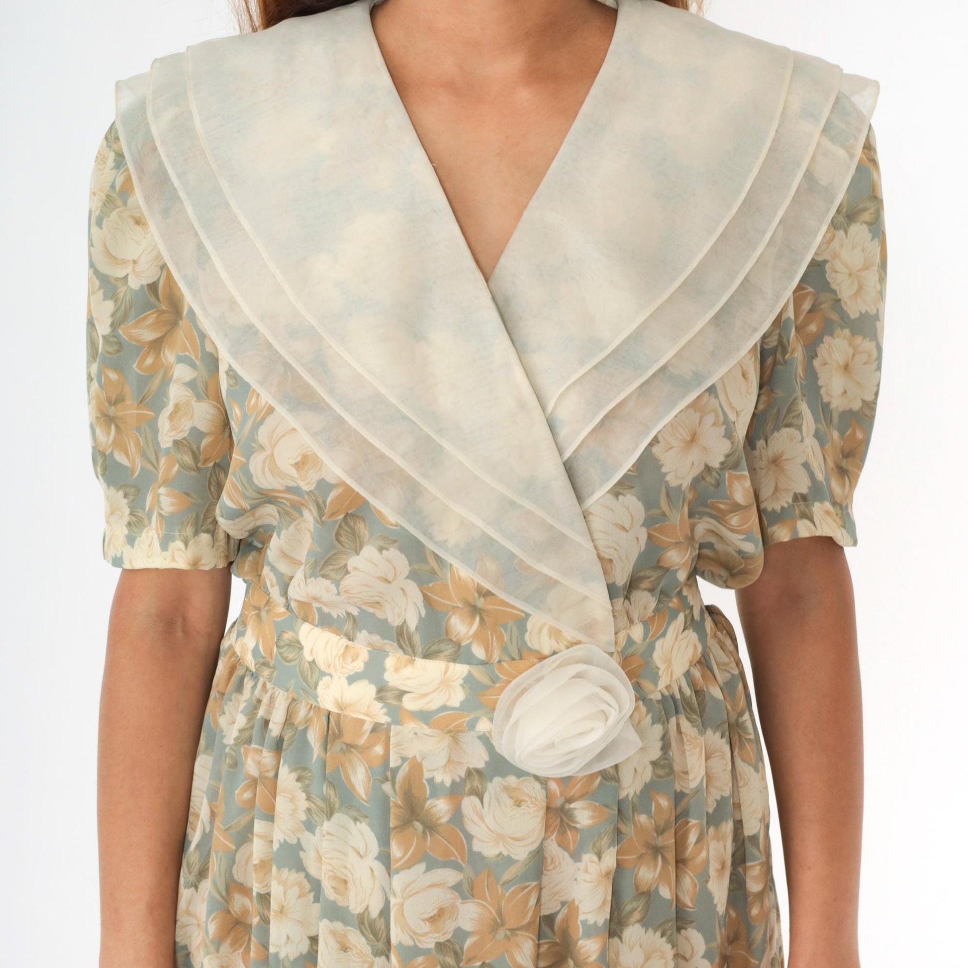 90s Leslie Fay Floral Midi Wrap Dress Puff Sleeve Shawl Collar Medium