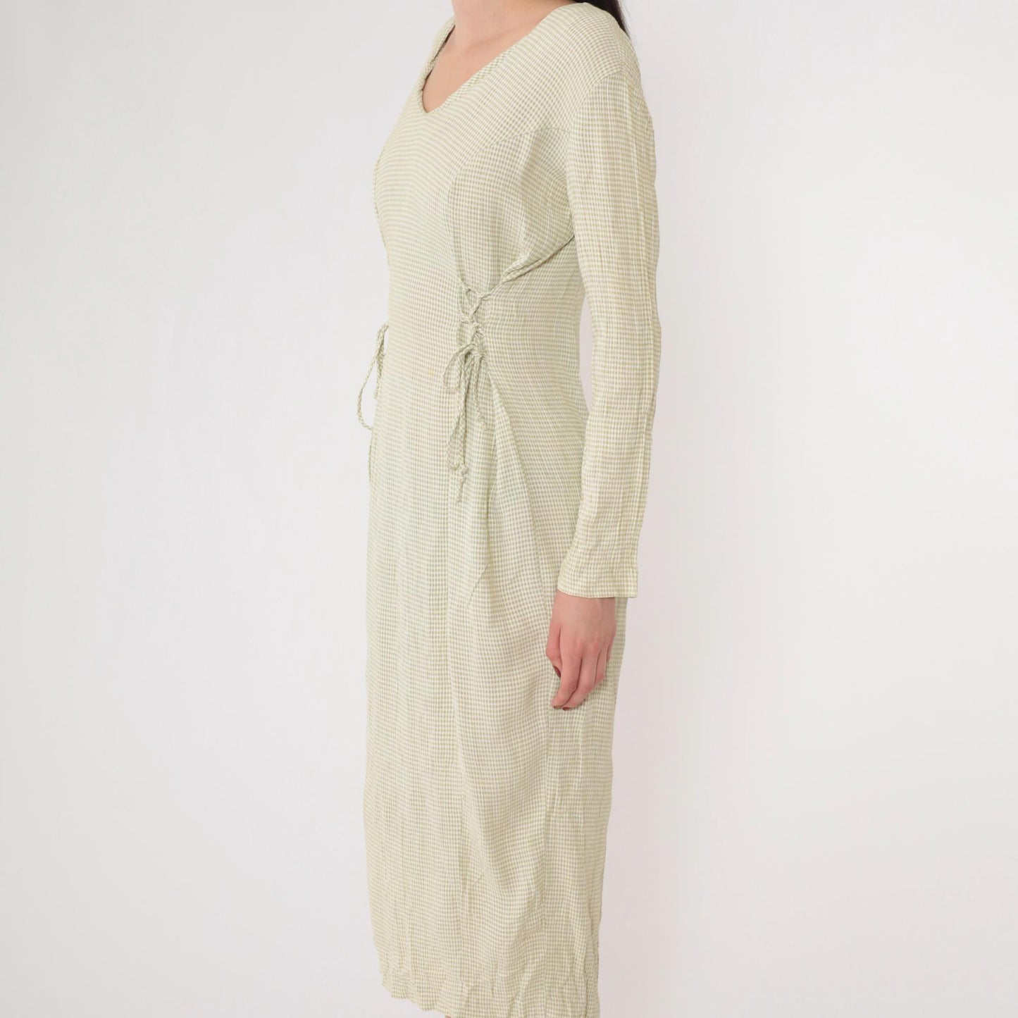 90s Sage Green Gingham Midi Dress Lace-Up Sides Princess Seams Small