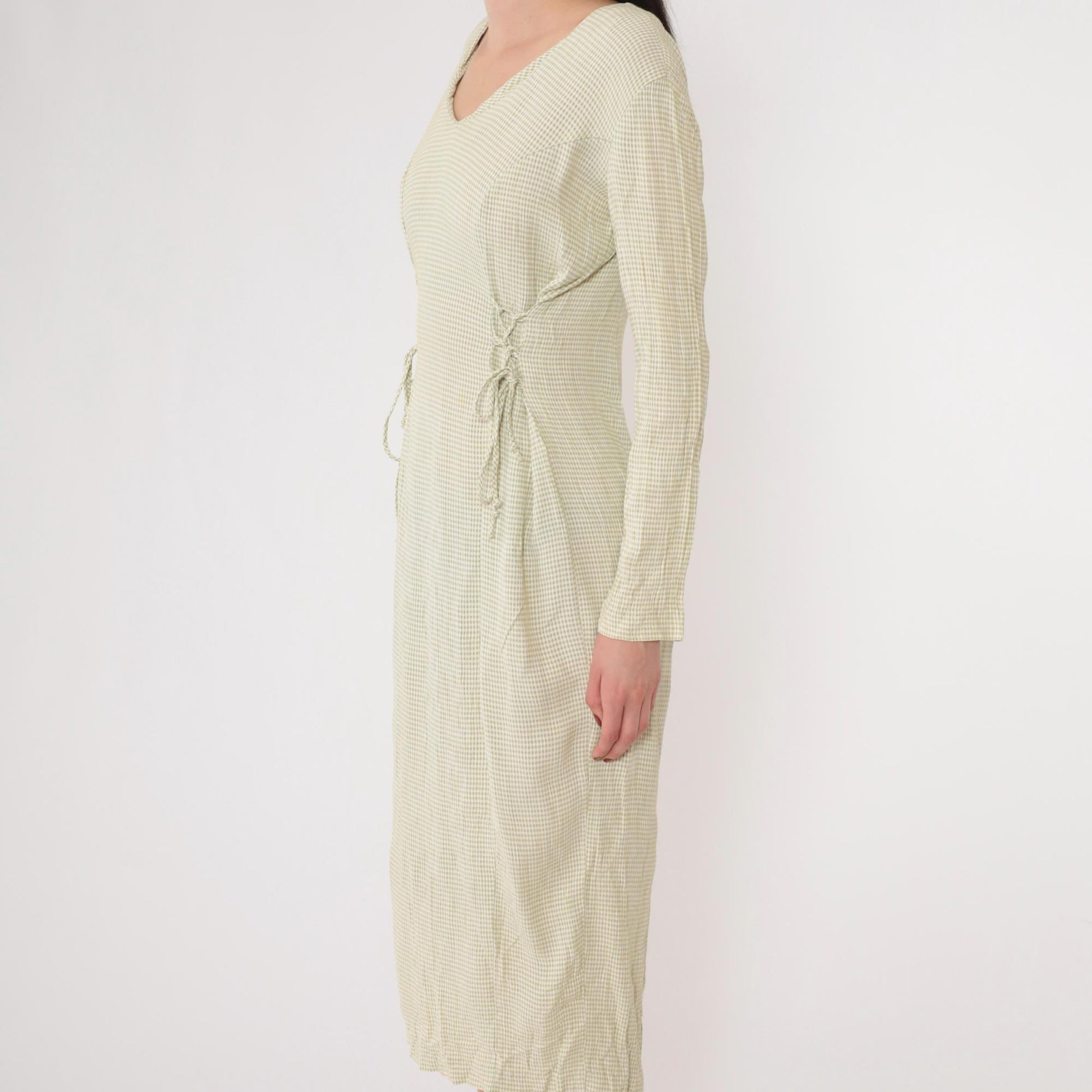 90s Sage Green Gingham Midi Dress Lace-Up Sides Princess Seams Small