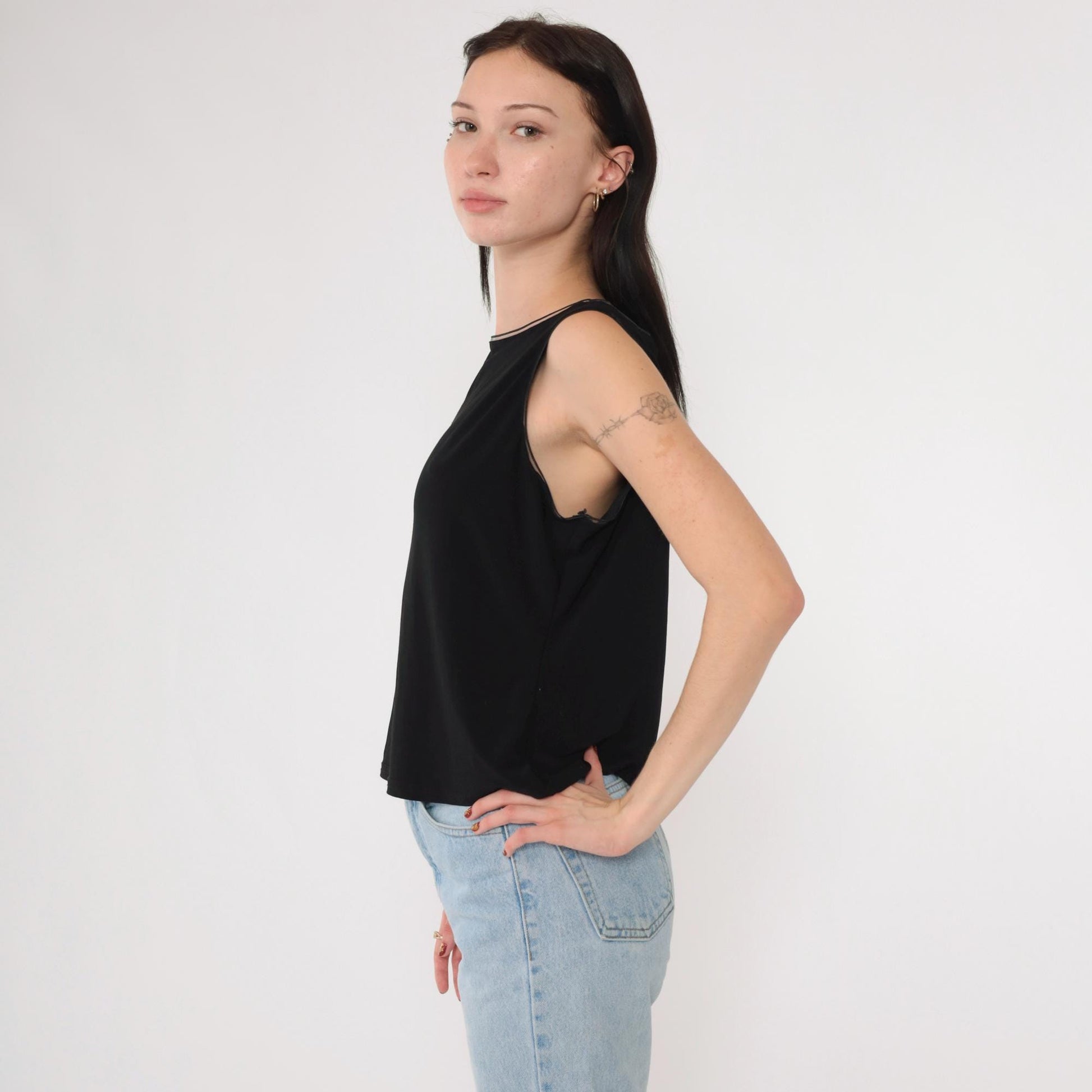 90s Joseph Ribkoff Black Camisole Tank Top Sheer Trim Size 16