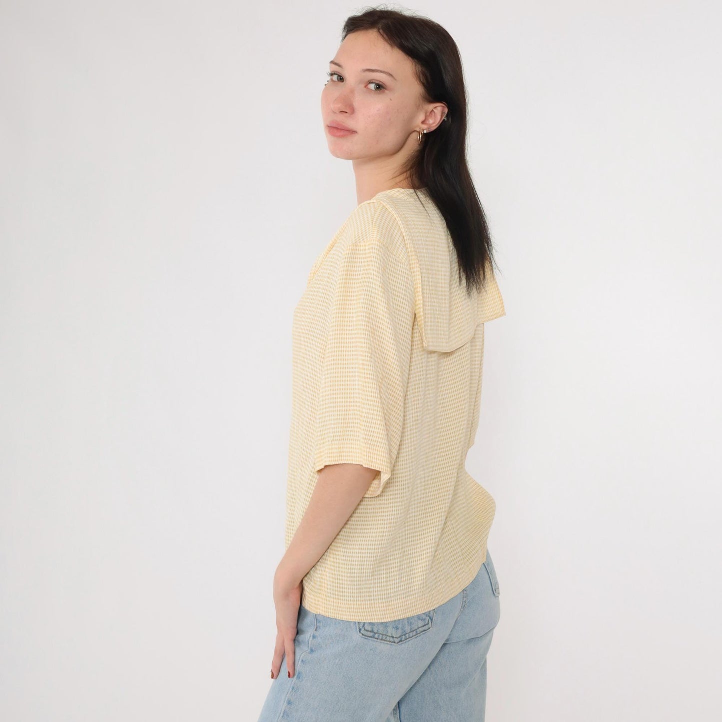 90s Yellow Gingham Sailor Collar Button-Up Blouse Half Sleeve Medium