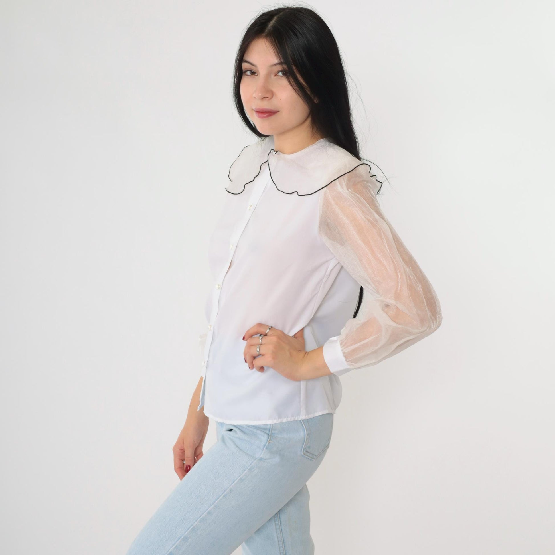 80s White Organza Puff Sleeve Blouse Peter Pan Collar Button Up Small