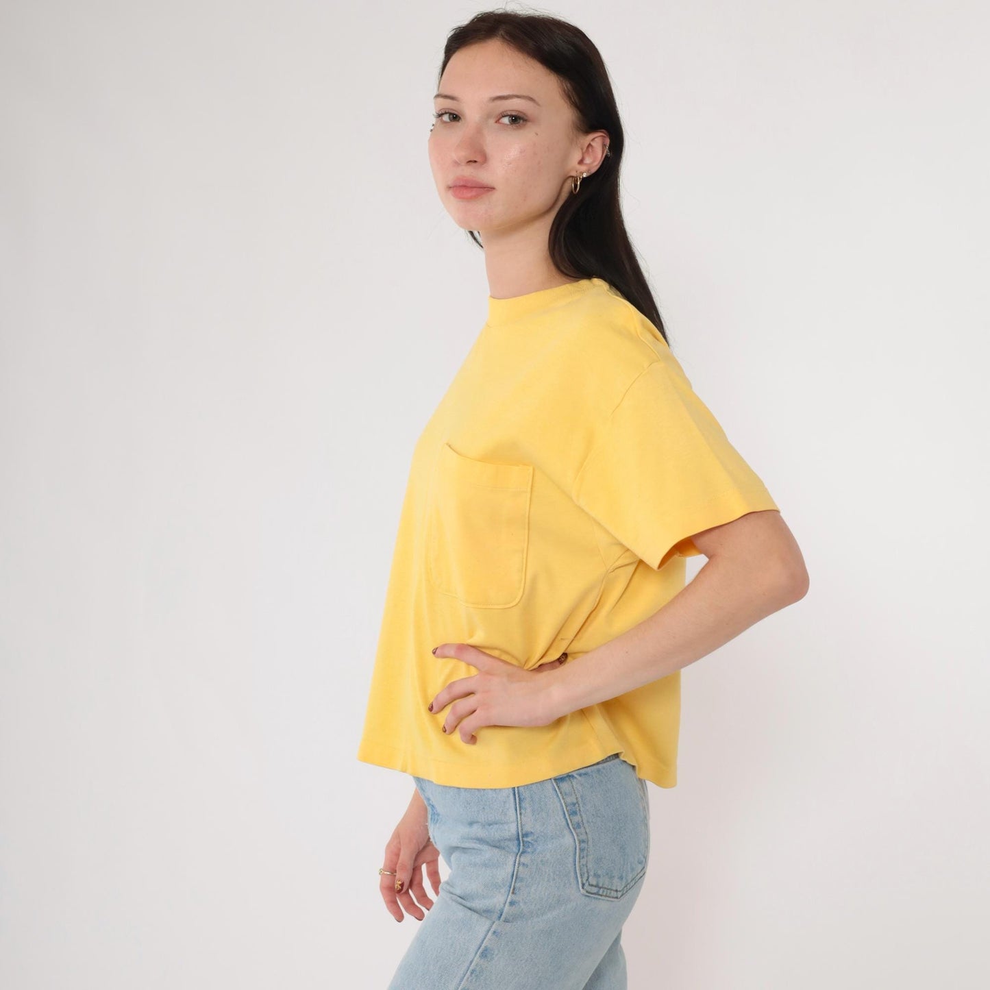 90s Yellow Pocket T-Shirt Joan Harper Crewneck Plain Tee Medium