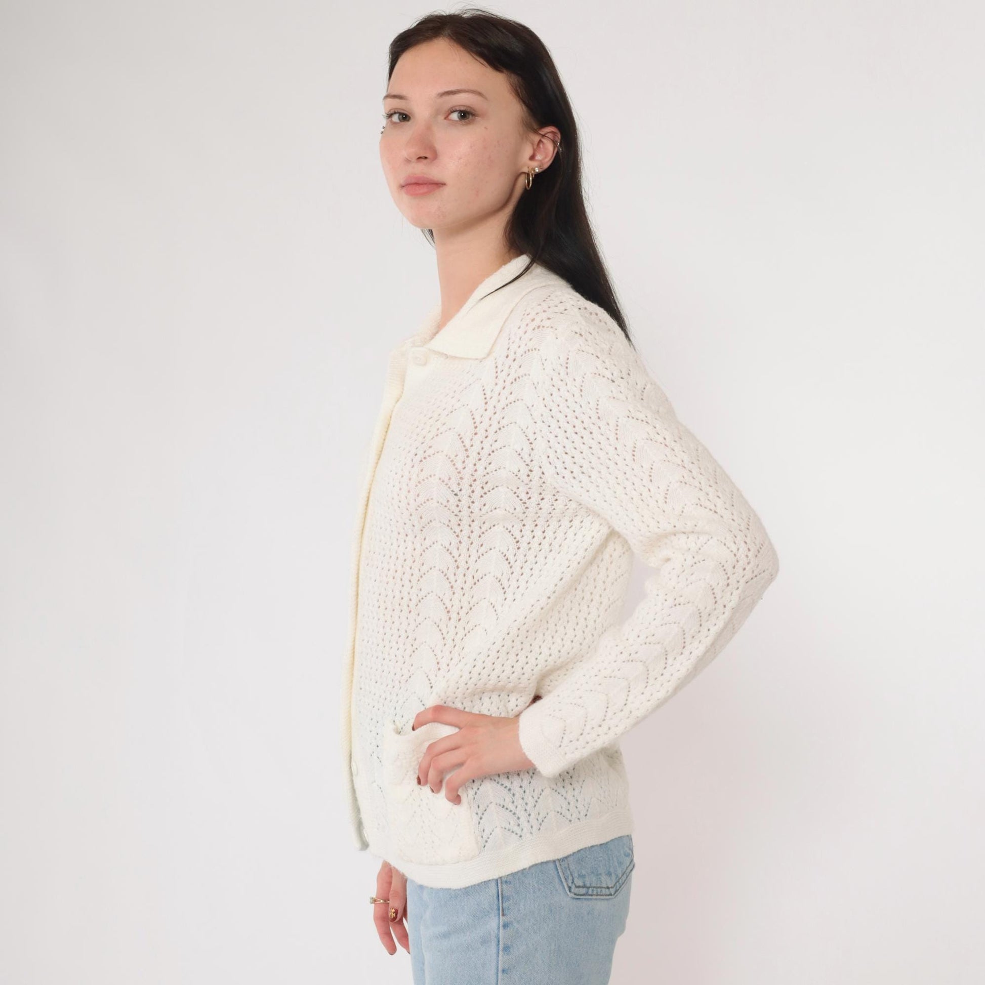 70s White Pointelle Open Weave Cardigan Button Up Knit Medium