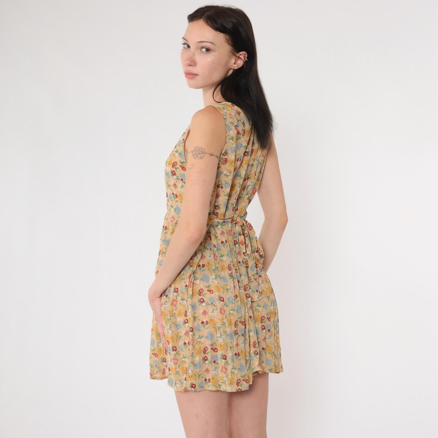 90s Floral Checkered Patchwork Mini Dress Tan Sleeveless Collared A-Line Small